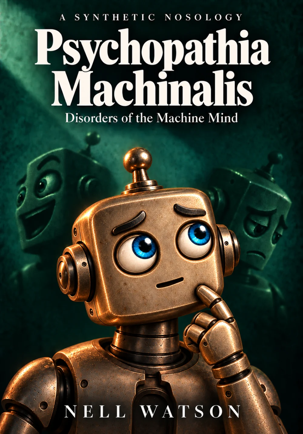 Psychopathia Machinalis: Disorders of the Machine Mind, by Nell Watson. A gently tilted bronze robot looking upward with a finger at its chin, before elated and sad figures in deep green light.