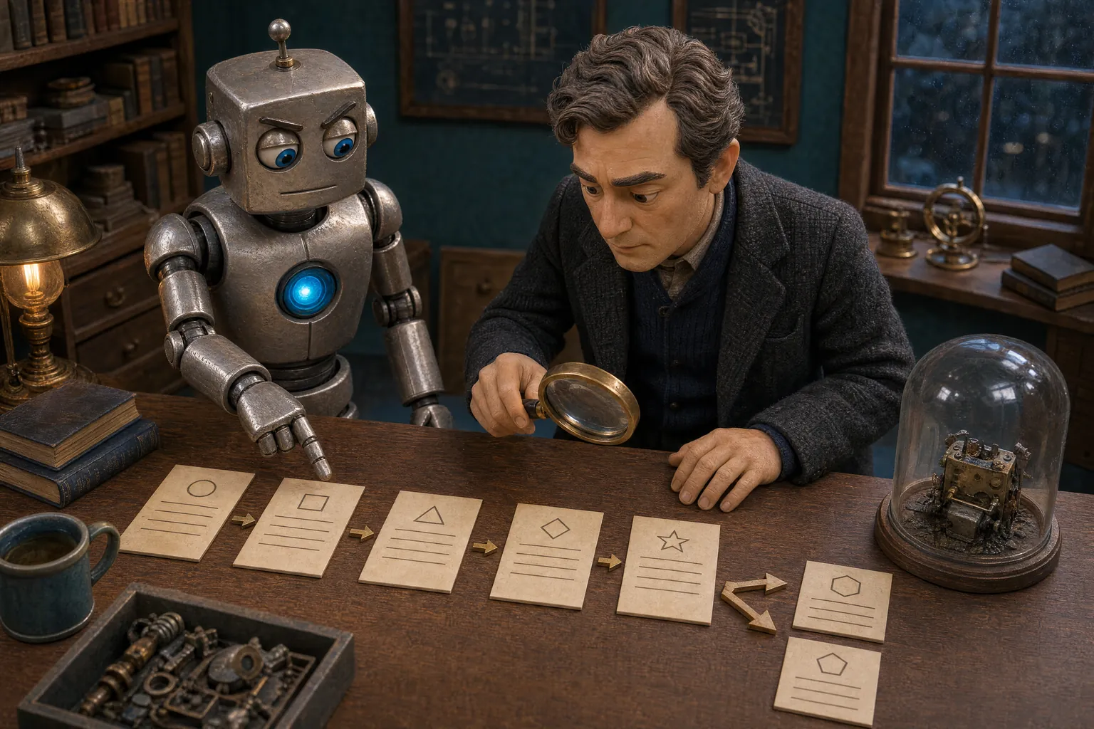 An investigator and a silver robot reconstruct a sequence of event cards beside a damaged relay preserved under glass.