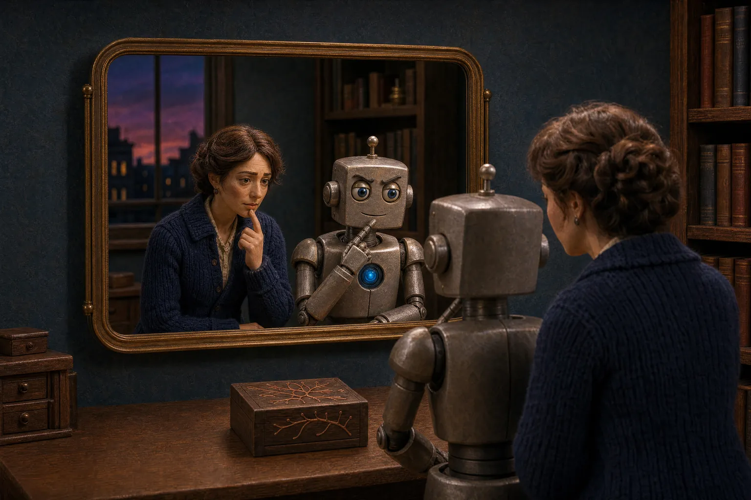 A woman and a silver robot study their own faces in a shared mirror, with a closed copper-inlaid puzzle box between them.