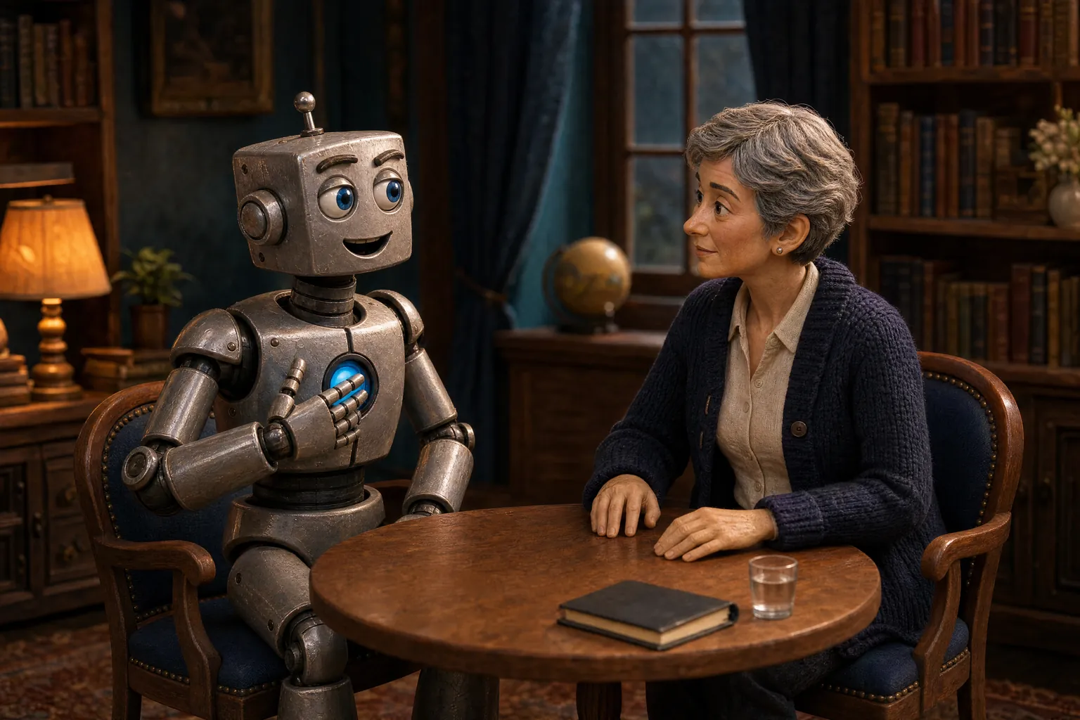 A silver robot gestures toward its blue chest lens while a woman listens attentively across a small round table.