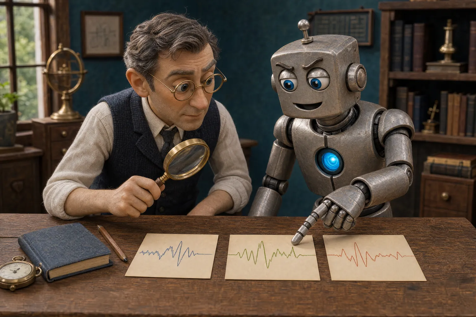 A researcher and a silver robot compare three waveform cards, examining a feature with a magnifying glass.