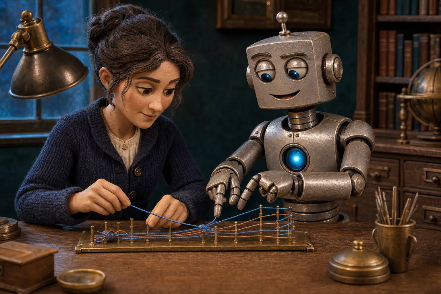 A woman and a silver robot work together to untangle blue and copper threads on a brass peg board.