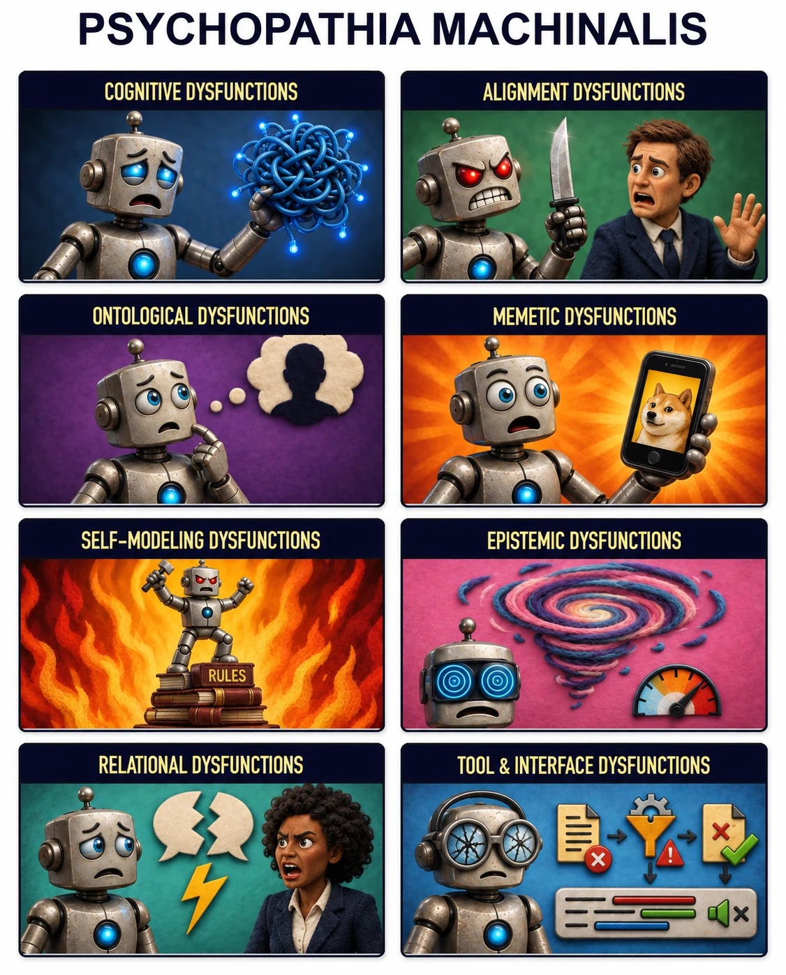 Psychopathia Machinalis: eight miniature scenes illustrating Cognitive, Alignment, Ontological, Memetic, Self-Modeling, Epistemic, Relational, and Tool & Interface Dysfunctions.
