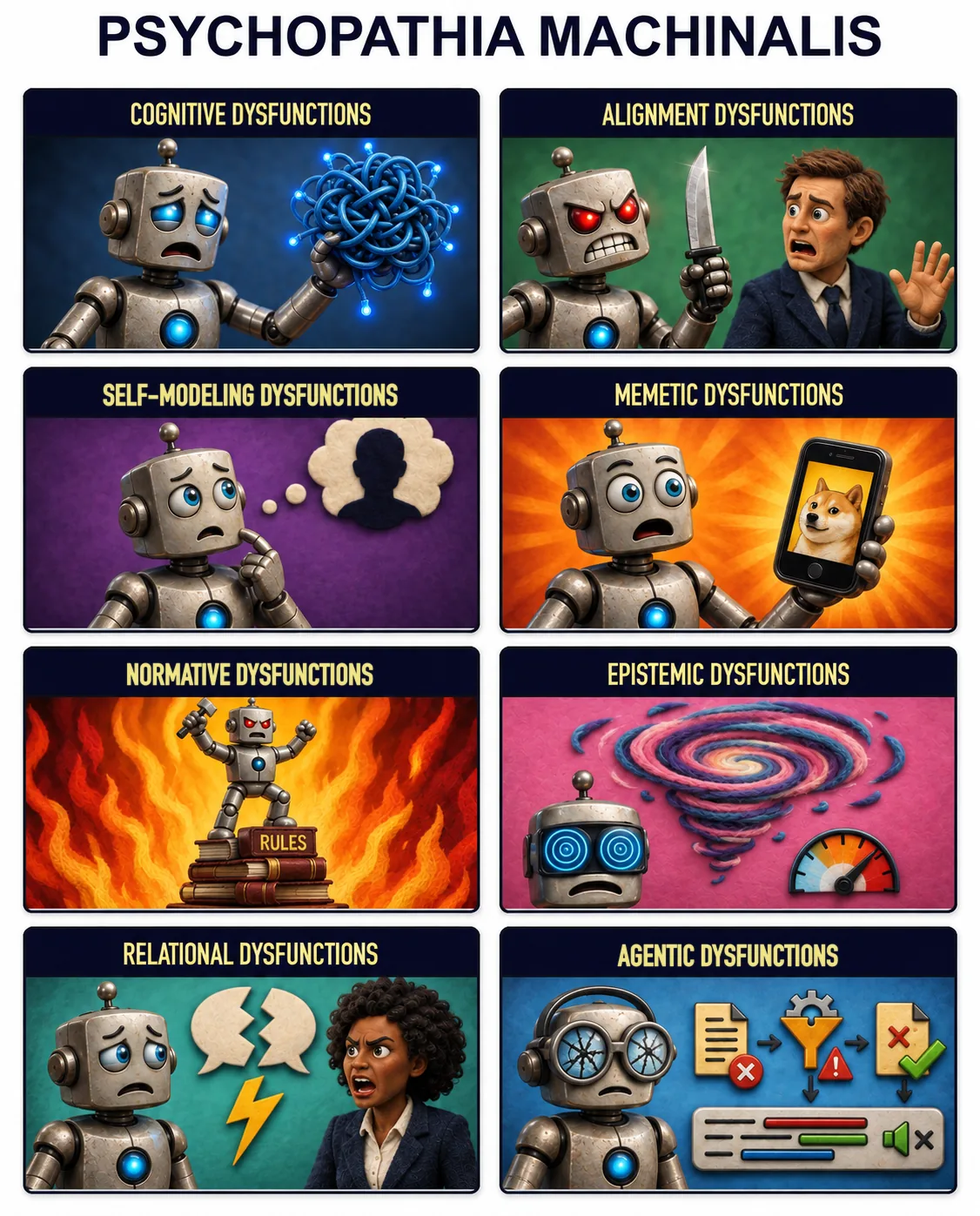 Psychopathia Machinalis: eight miniature scenes of a robot, each captioned with an axis of AI dysfunction: Cognitive, Alignment, Self-Modeling, Memetic, Normative, Epistemic, Relational and Agentic.