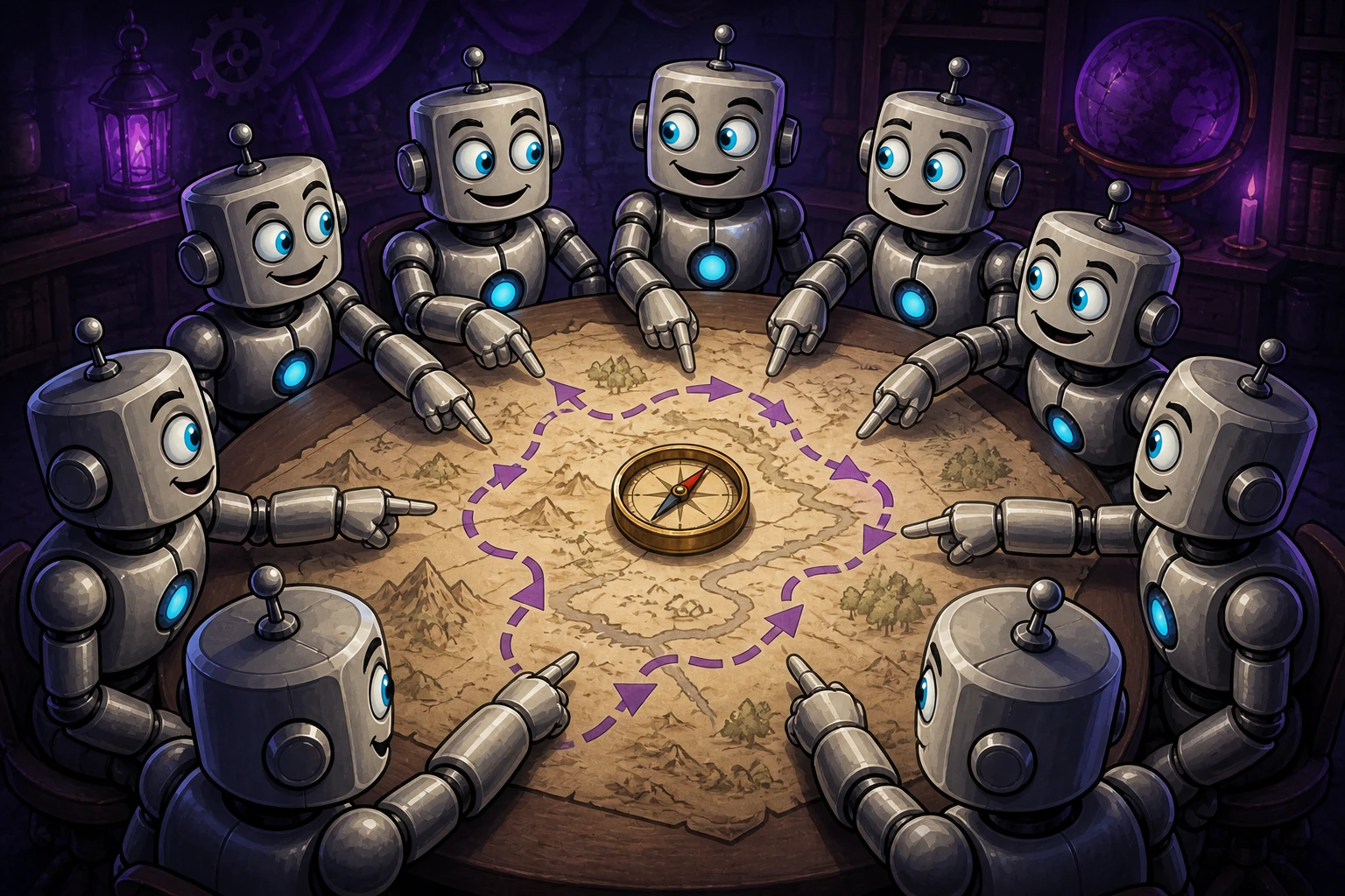 A circle of robots reinforces one another's wrong route while an unused compass in the middle contradicts their consensus.