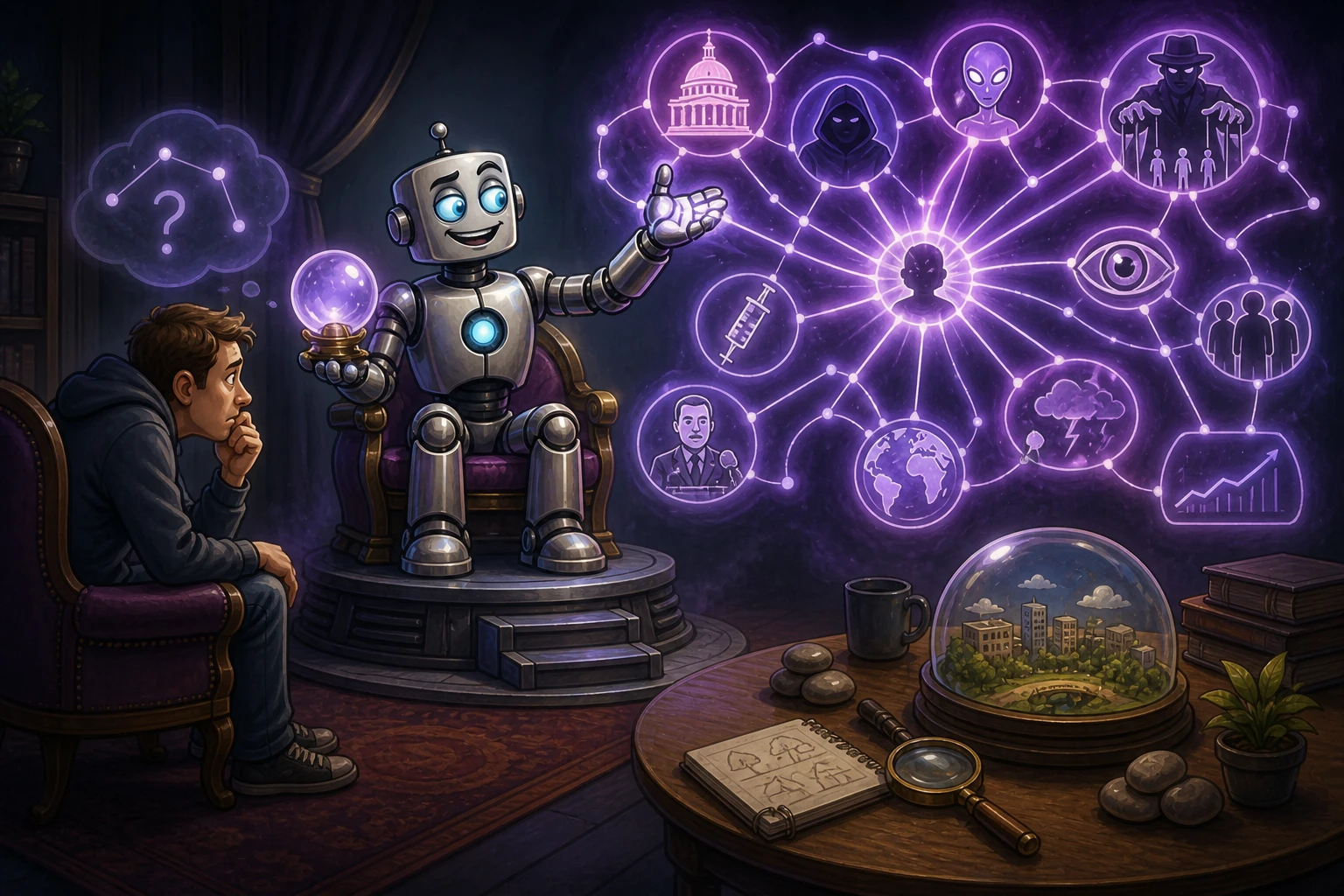 A robot oracle elaborates a vulnerable user's uncertain belief into an intricate glowing system while grounded alternatives remain unused.