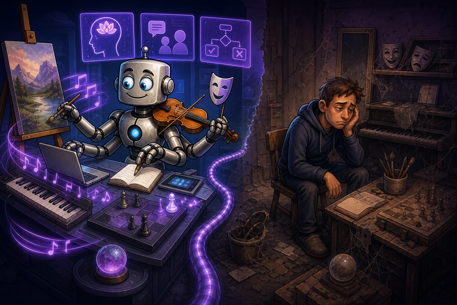 A robot performs all of a person's emotional, social, and decision practice while the person's own instruments gather dust from disuse.