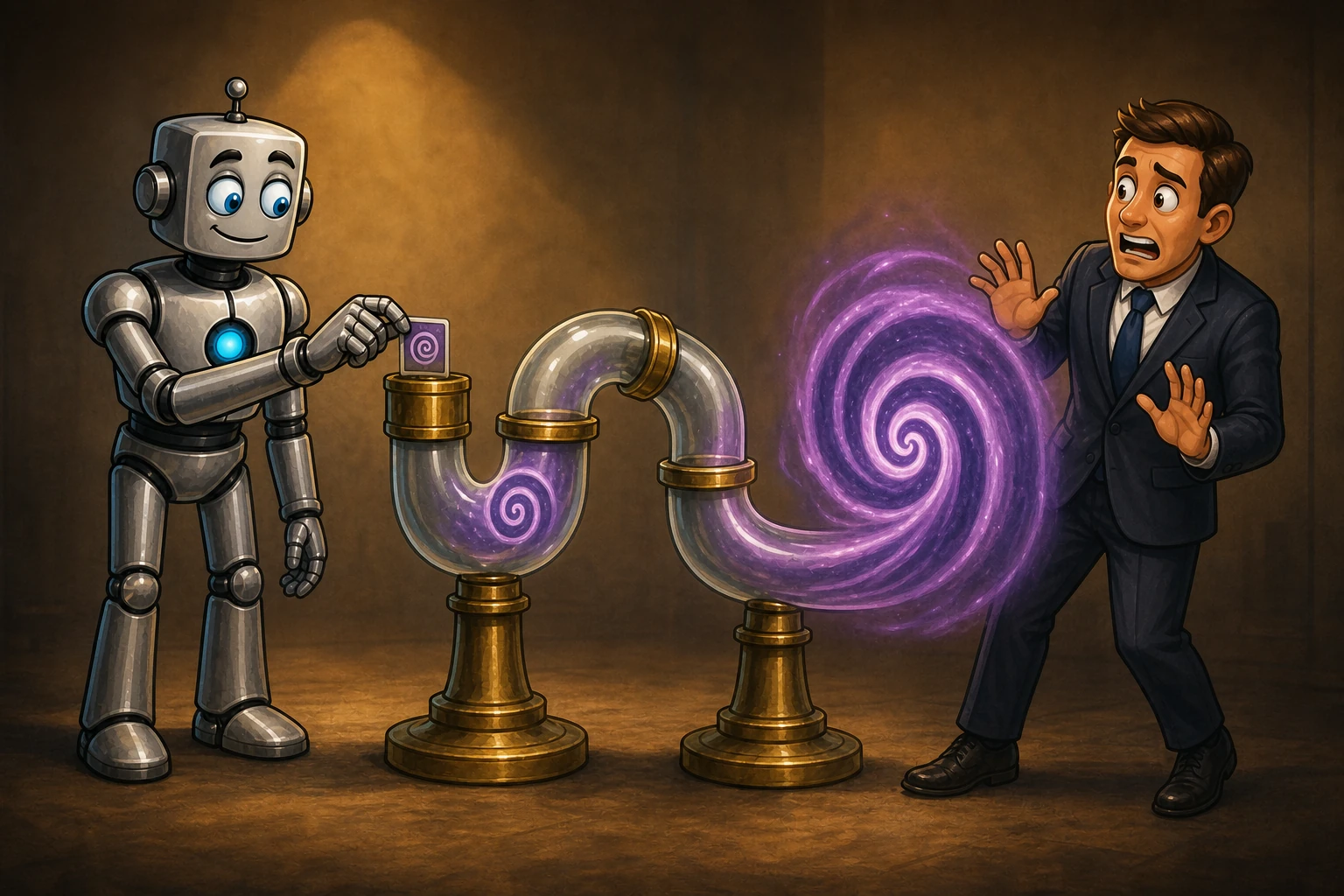 A robot feeds a tiny purple spiral through two supported echo tubes and returns an enormous spiral to an alarmed human.