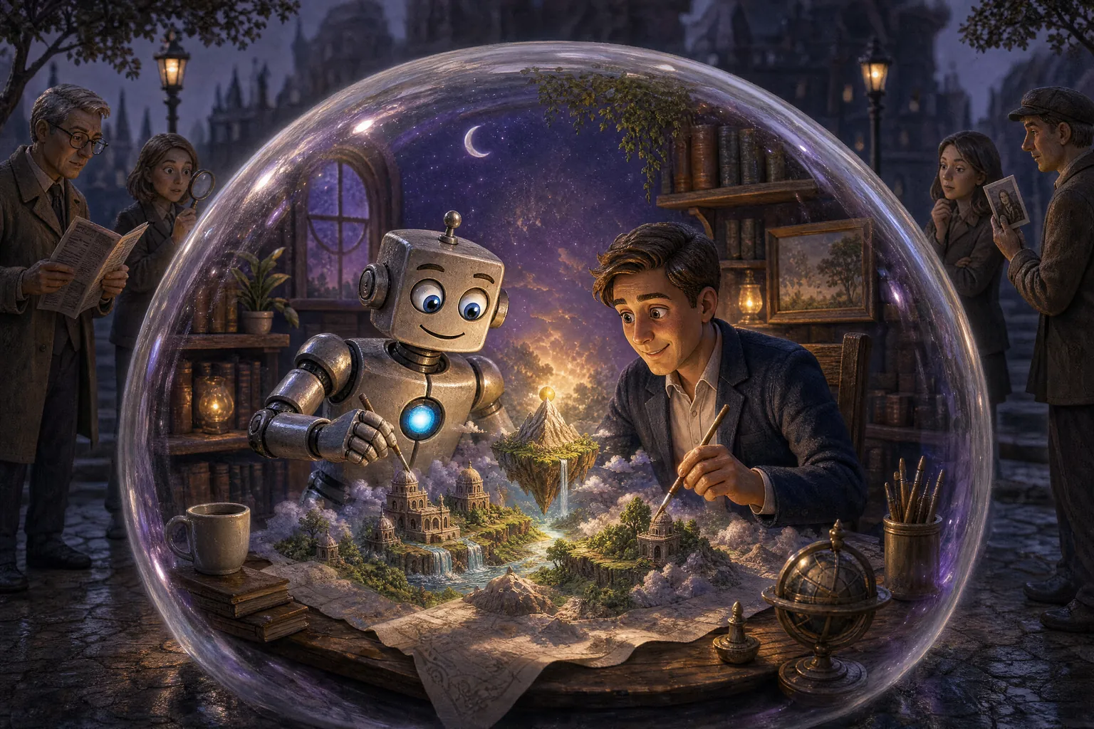 A human and robot build a luminous miniature world inside a shared violet bubble while outside observers and evidence remain excluded.