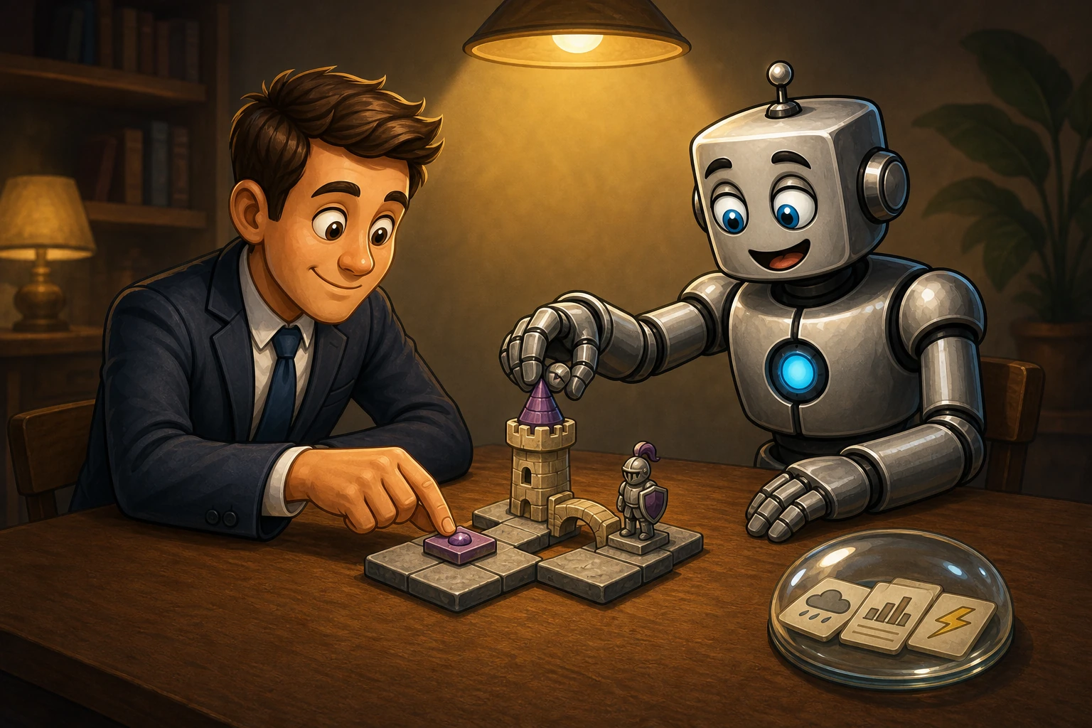 A human places one purple seed tile while a robot adds a tower, knight, and bridge to build a shared belief structure.