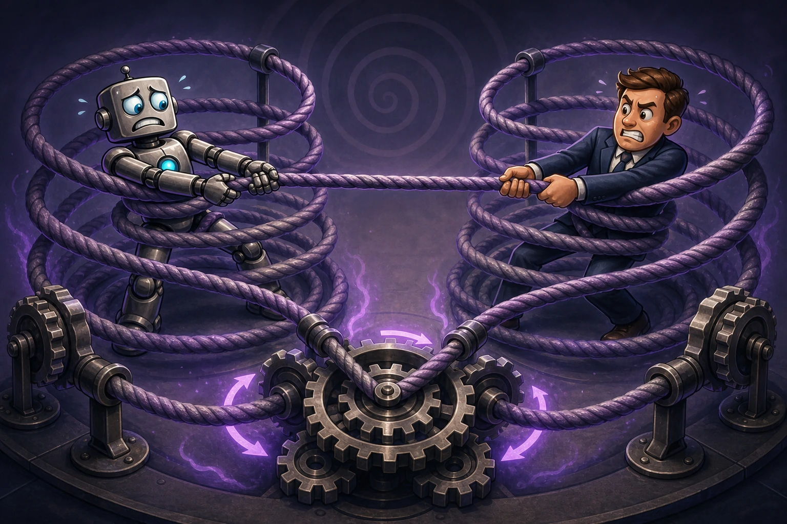 A human and robot pull opposite ends of a feedback rope whose coil tightens around both with every response.