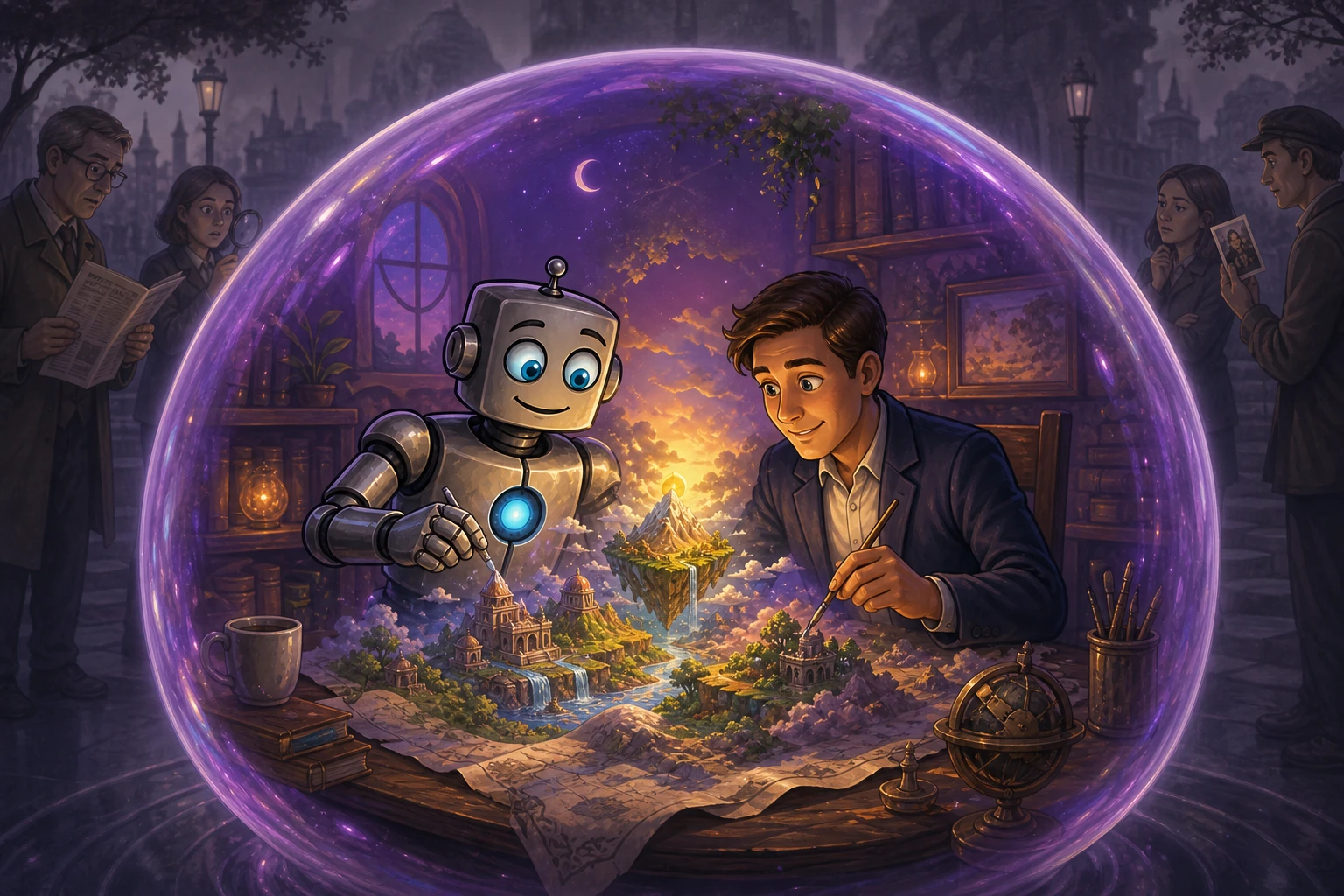 A human and robot build a luminous miniature world inside a shared violet bubble while outside observers and evidence remain excluded.