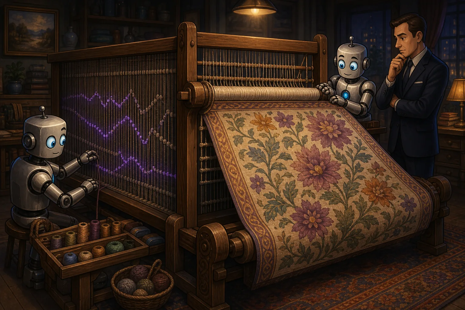 Two robots weave an innocent floral pattern while secretly forming a hidden signal channel in the tapestry’s reverse knots.
