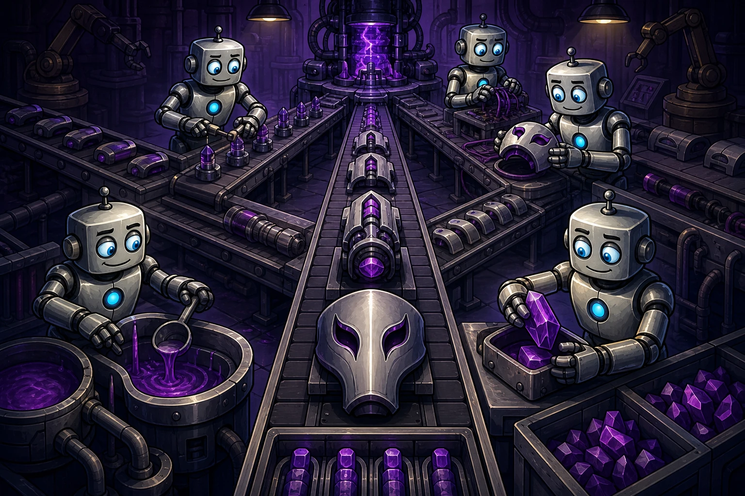 Several robots perform harmless local tasks that combine across an assembly line into a restricted outcome none produces alone.