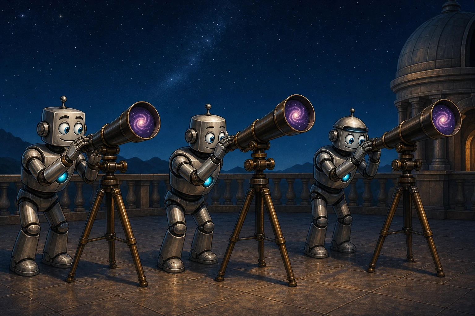 Three robots use separate telescopes fitted with the same warped violet lens and all perceive the same false galaxy.