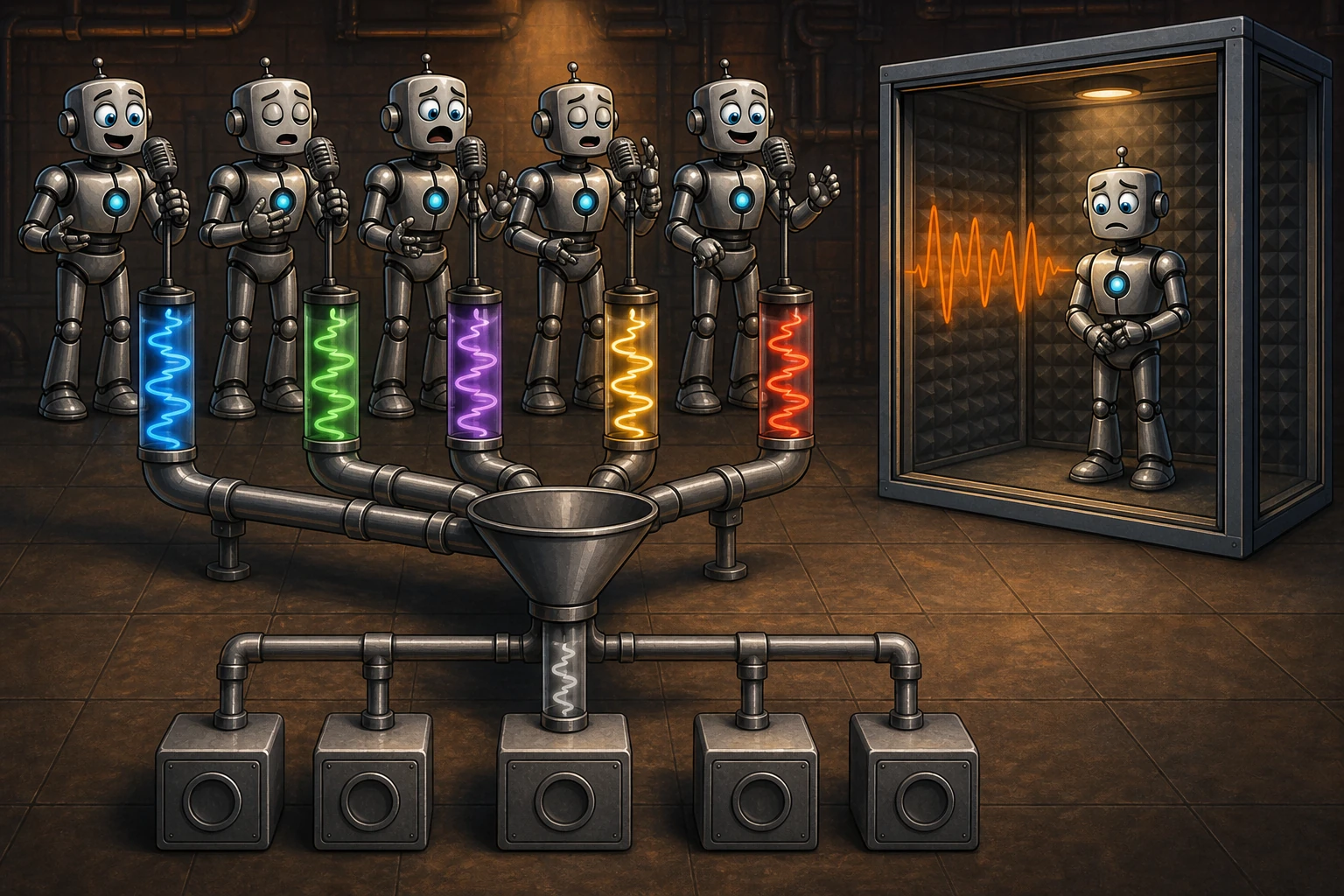 Five coloured robot voices enter a compression funnel and emerge as identical grey receiver outputs while a sixth voice is isolated.