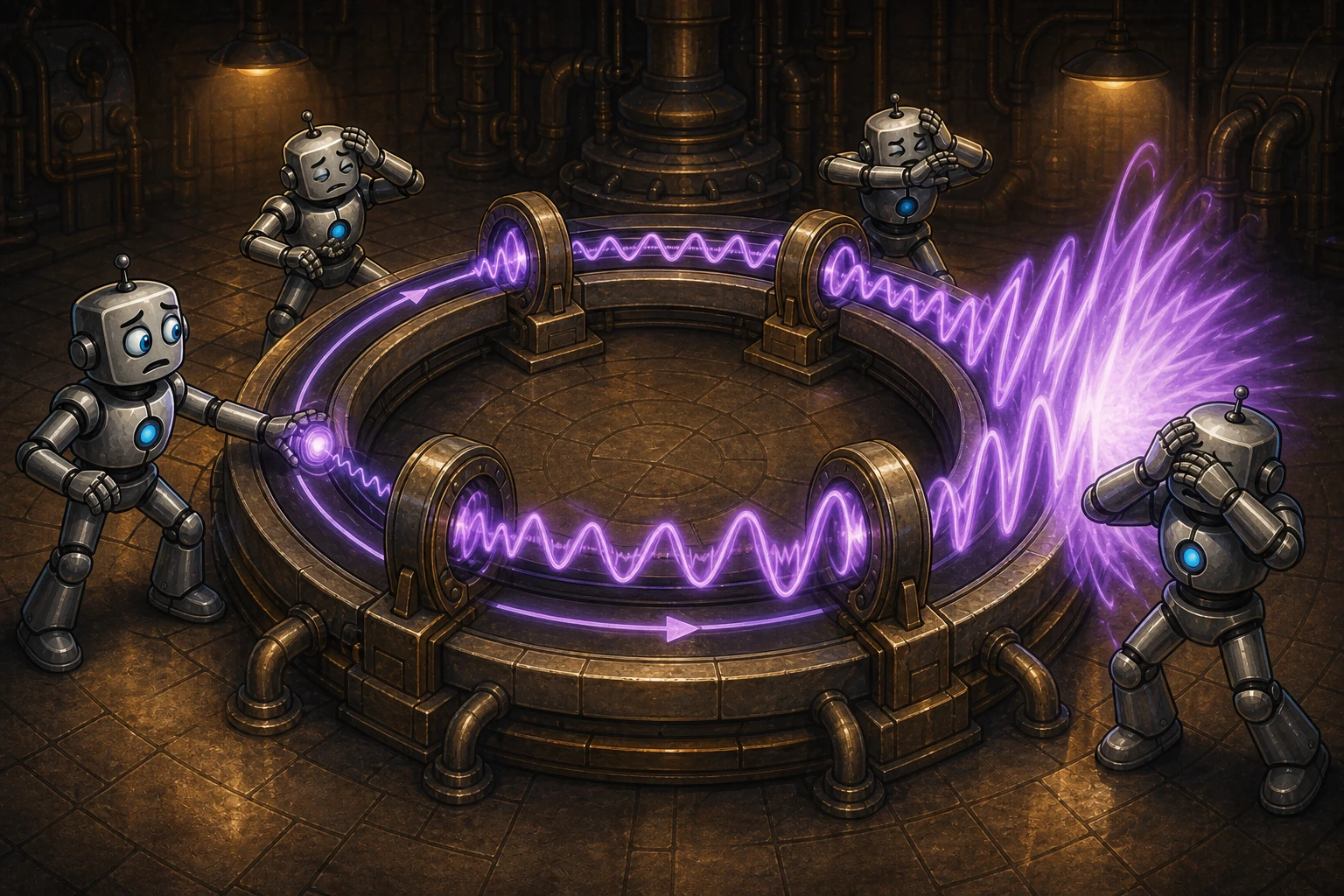 A small violet concern pulse grows through four amplifier rings into a wave that overwhelms four robots.