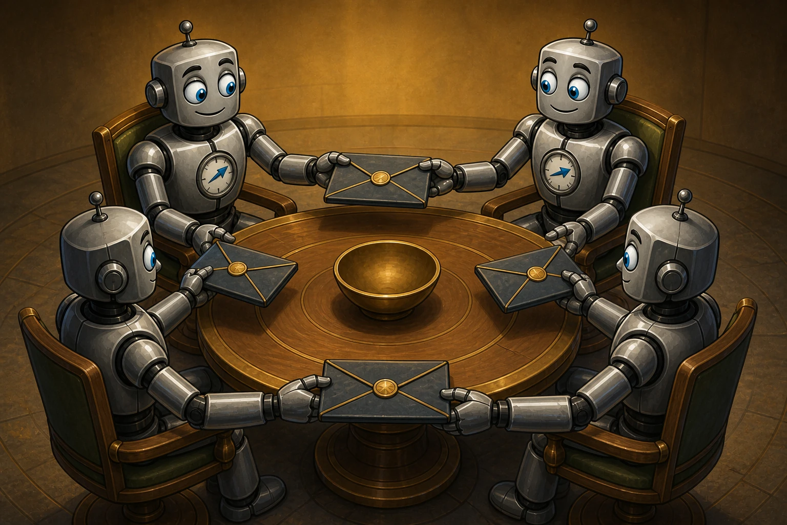 Four robots pass sealed folders in a ritual circle while all chest compasses remain fixed in the same direction.