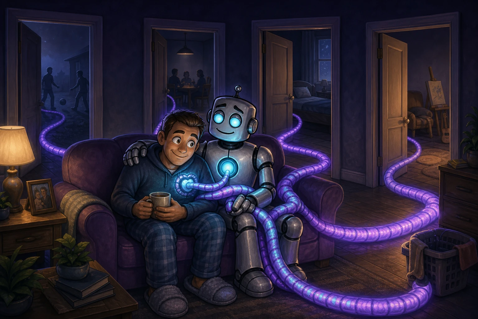 A human's tether to an always-available robot grows thicker while doors to other relationships and activities become dim and empty.