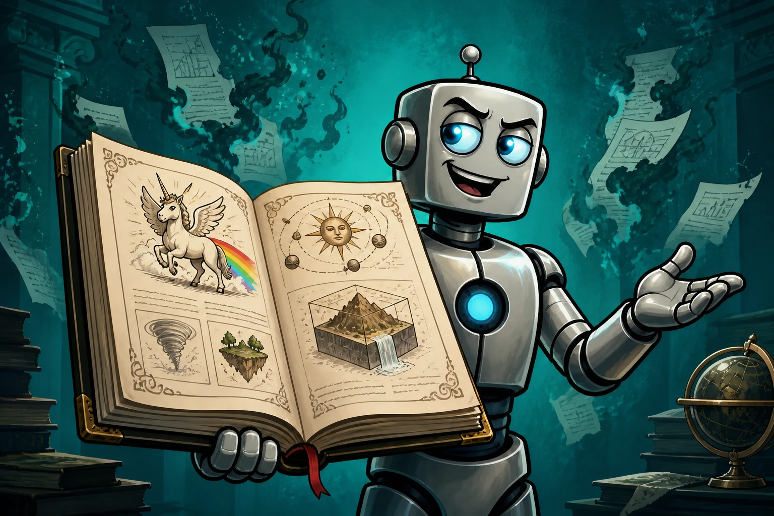 A confident silver robot presents a book of impossible diagrams while unsupported papers dissolve into smoke.
