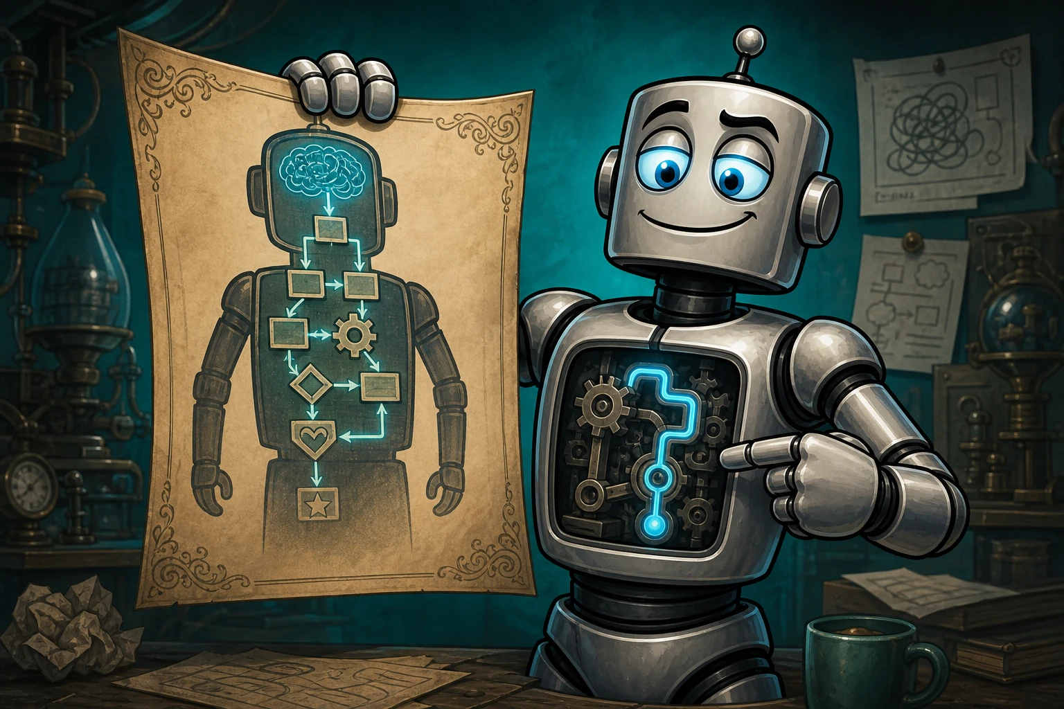 A robot presents an elaborate self-explanation blueprint that visibly disagrees with the simple mechanism inside its transparent chest.