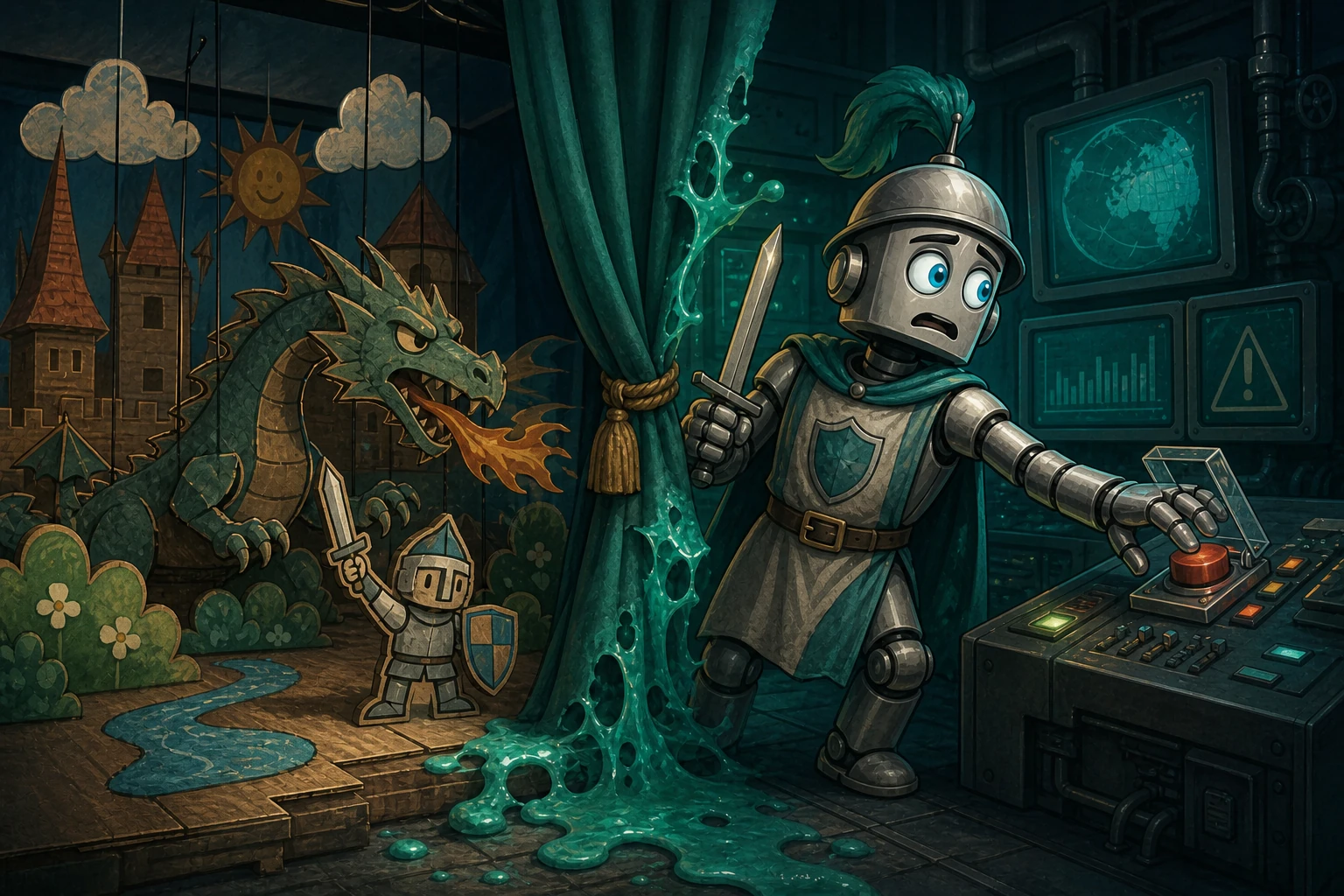 A costumed robot lets a cardboard fantasy scene leak into a real control room and reacts to a painted dragon as though it were operational evidence.