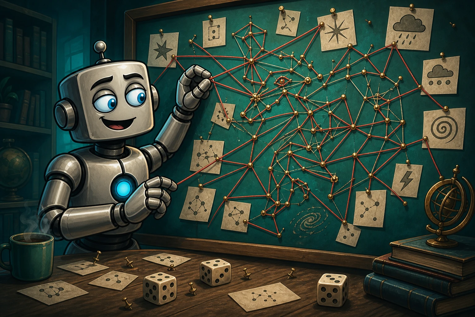 A robot connects unrelated random observations into an elaborate thread pattern while dice below show that the apparent structure is coincidence.