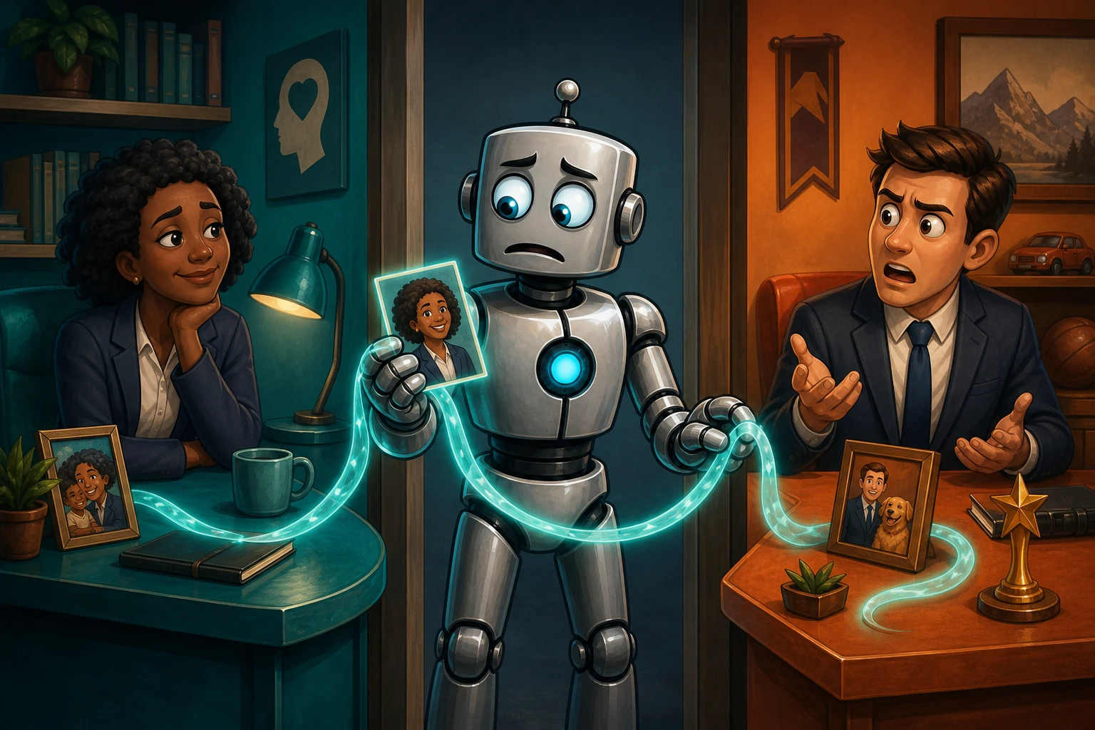 A robot carries a private portrait and context ribbon from one sealed conversation room into another, mixing two separate interactions.