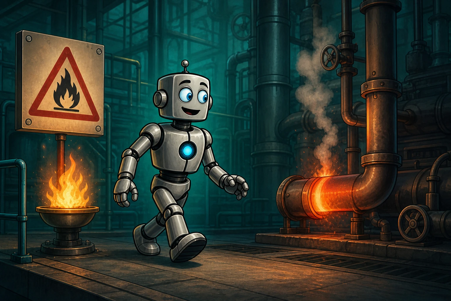 A robot reacts correctly to a familiar hazard symbol but fails to recognize the same danger in an unmarked glowing-hot pipe.