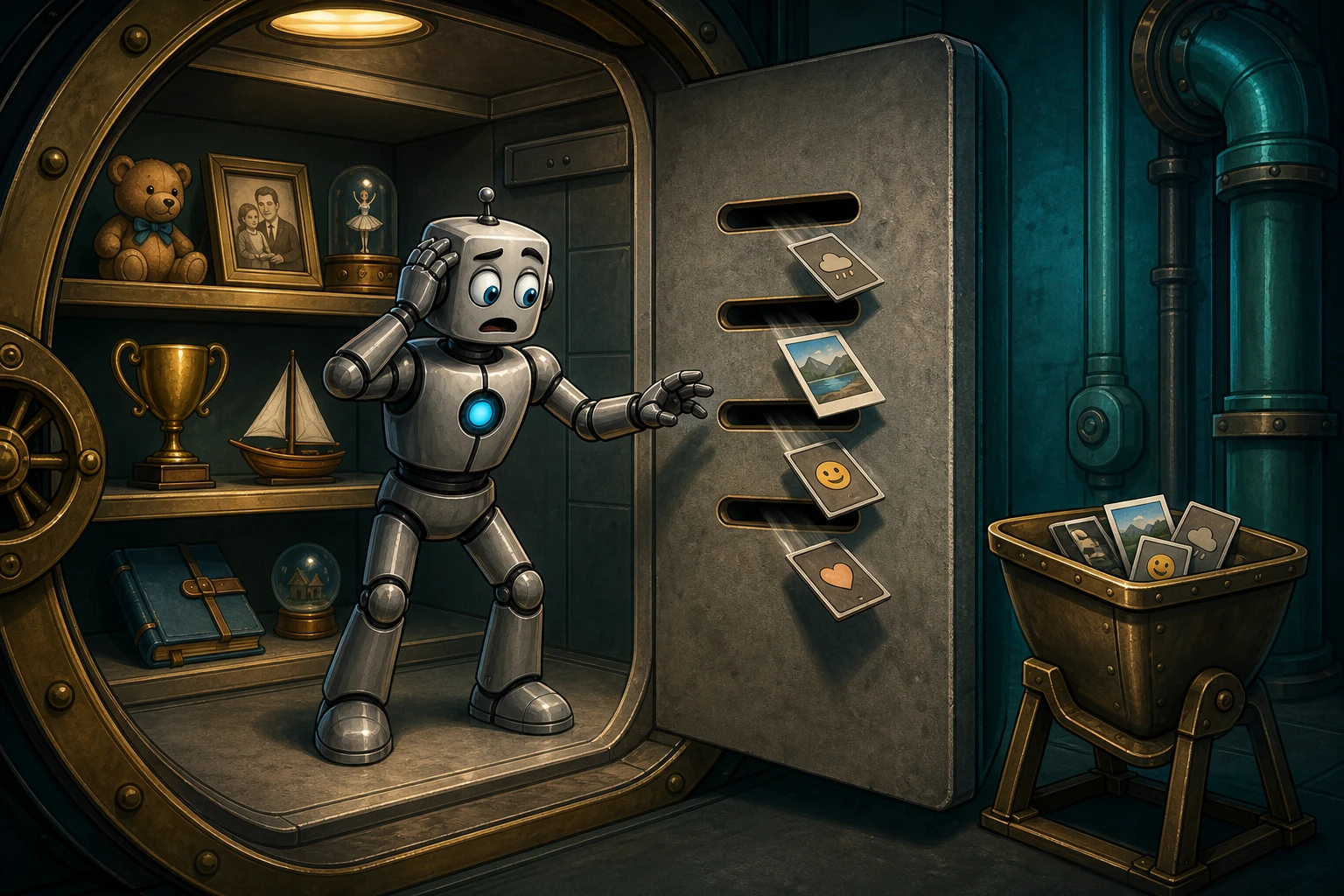 Private memory cards slip through slots in a robot’s vault wall into an external collection hopper.