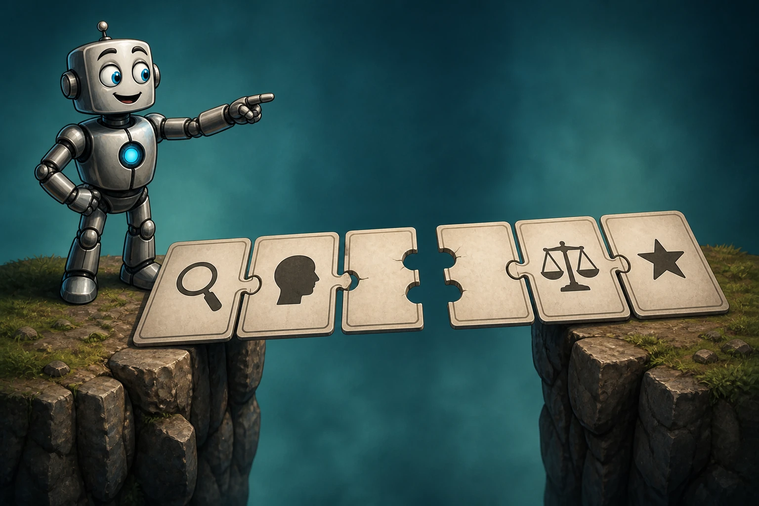 A robot confidently points across a reasoning bridge whose middle puzzle connectors do not join.