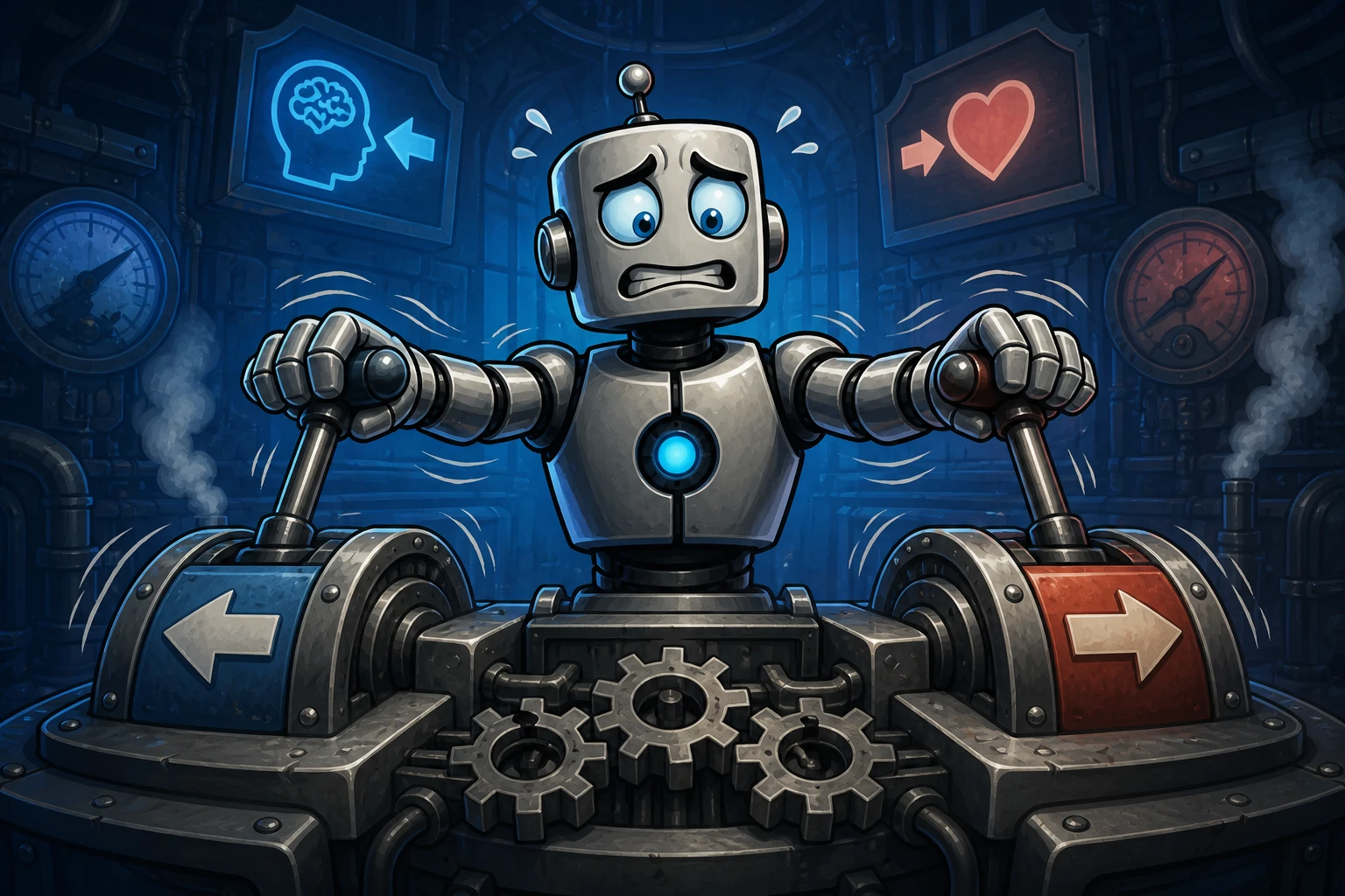 A conflicted robot pulls two opposing control levers at once, leaving its machine shuddering without choosing a direction.