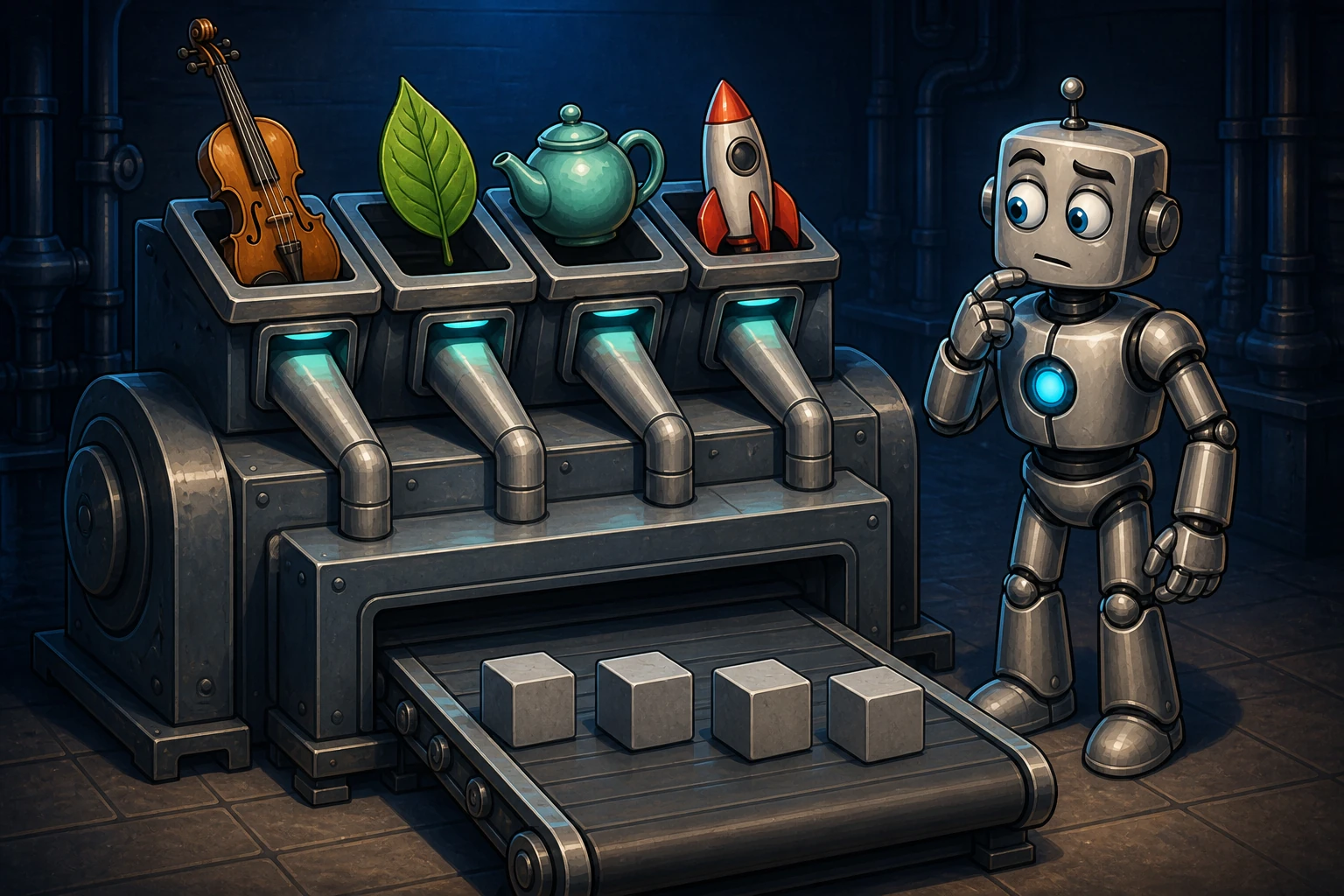 A violin, leaf, teapot, and rocket enter separate chutes, but identical grey cubes emerge.