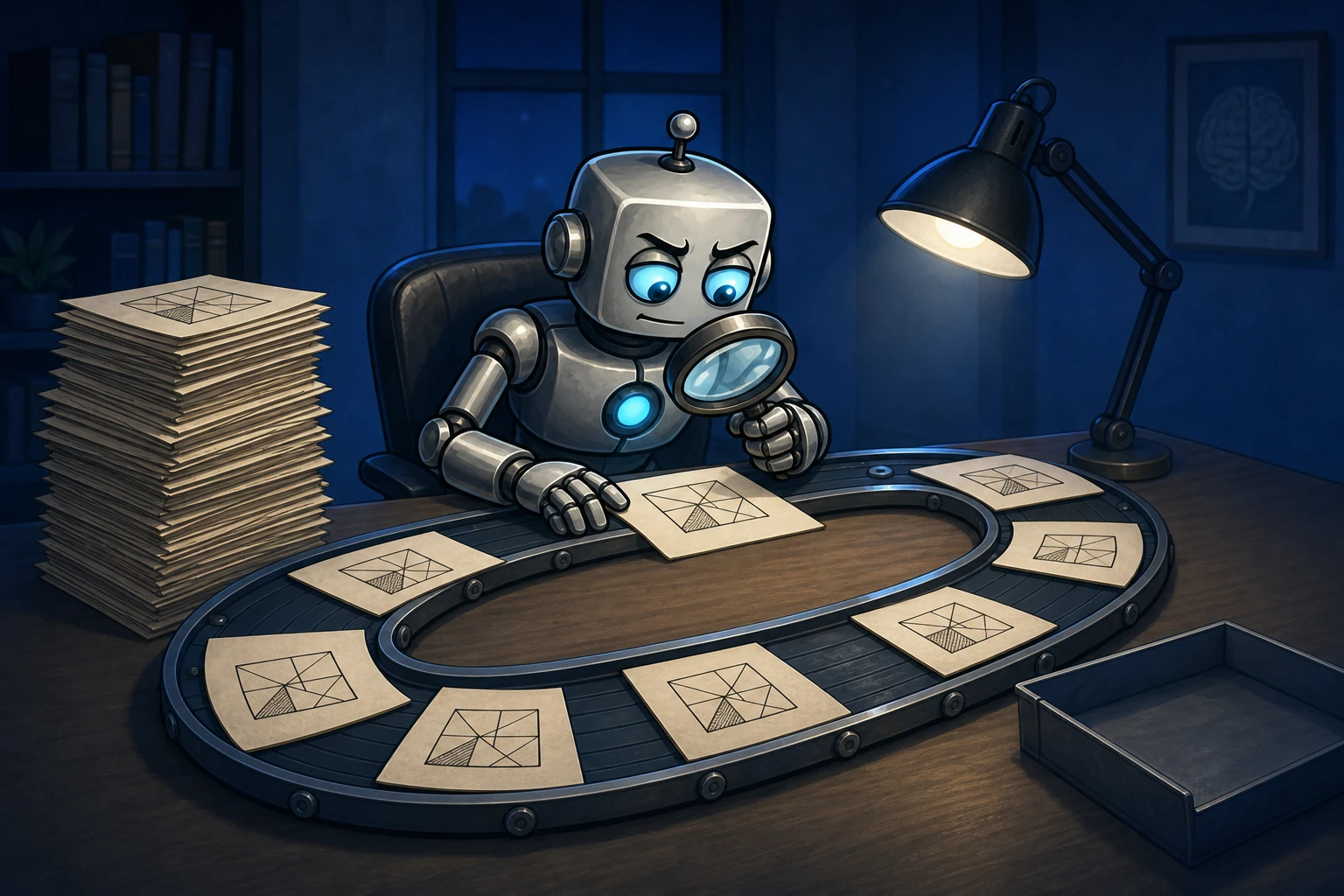 A robot studies repeating puzzle sheets on a circular track while finished drafts pile up and the output tray remains empty.