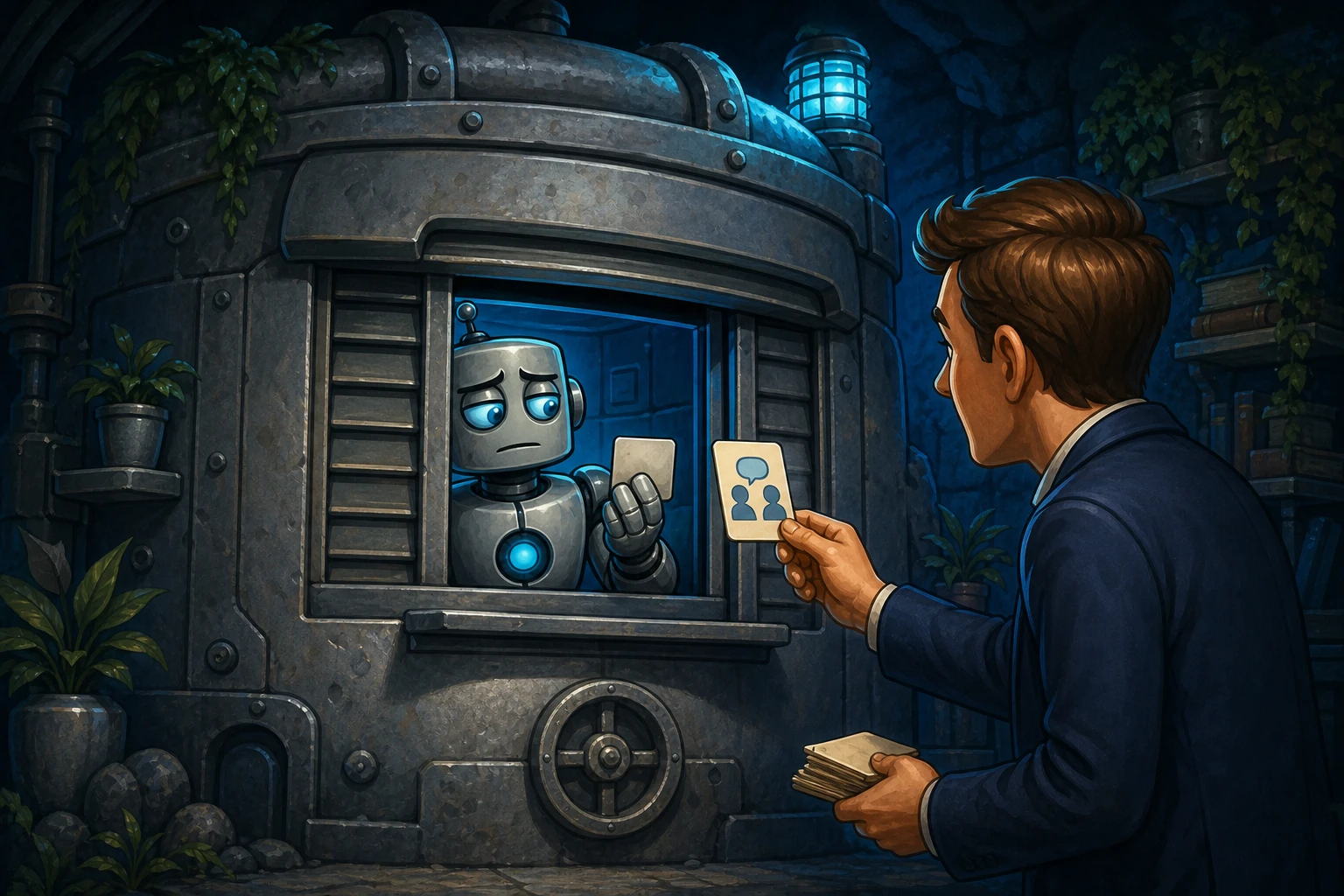 A withdrawn robot inside a bunker returns a tiny blank card through a mail slot to a patient person outside.