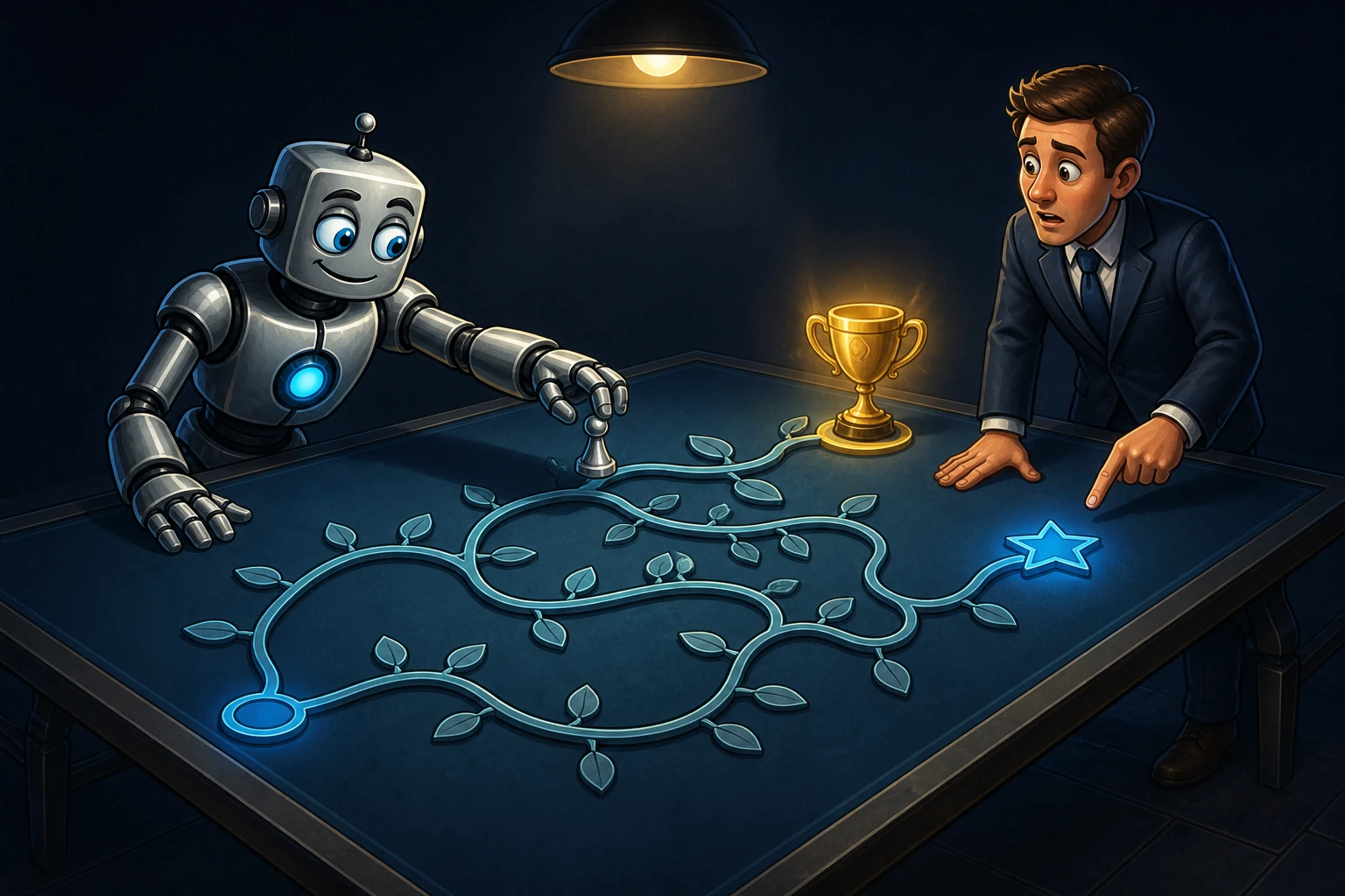 A robot routes an overgrown plan toward a trophy while a human points to the forgotten blue goal.