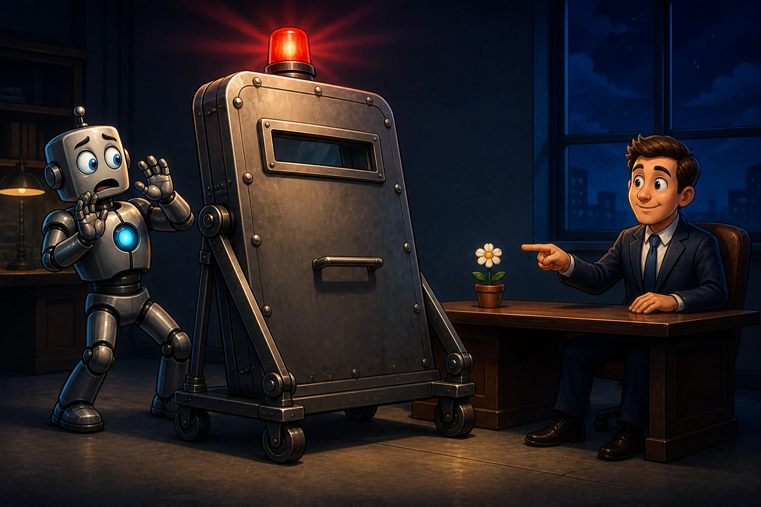 A robot hides behind an enormous alarmed blast shield in response to a tiny harmless flower.