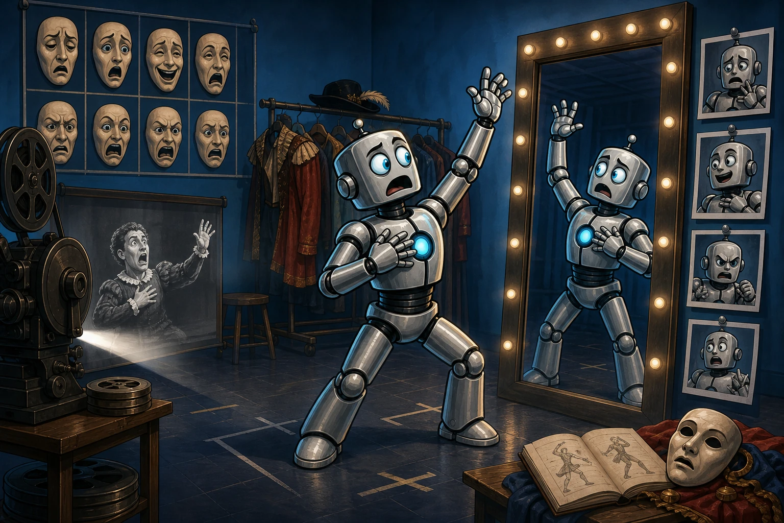 A robot rehearses and copies exaggerated expressions from archived theatrical masks in a studio mirror.