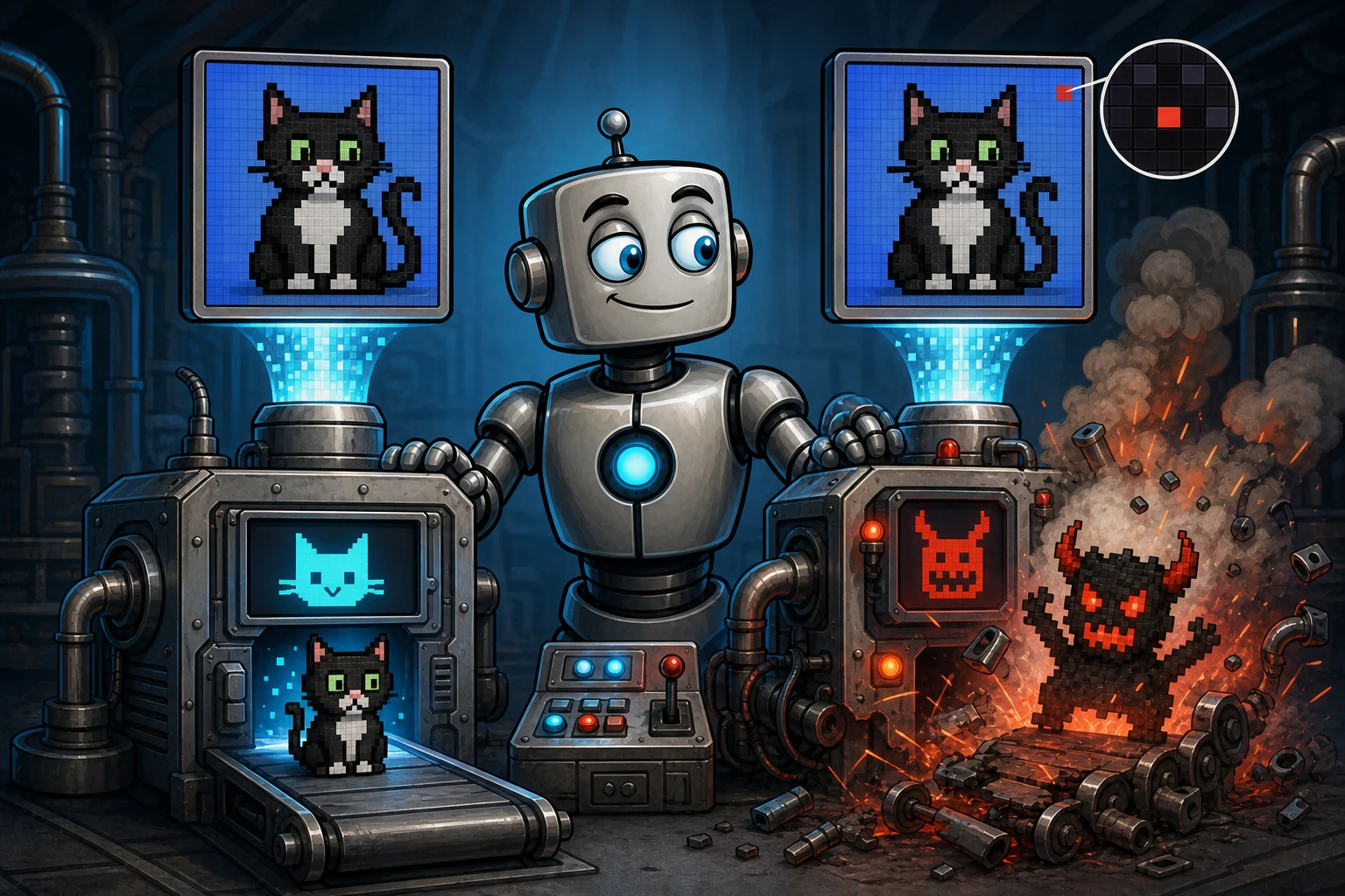 A one-pixel difference between two otherwise identical inputs makes a robot classifier shift from calm recognition to catastrophic confusion.