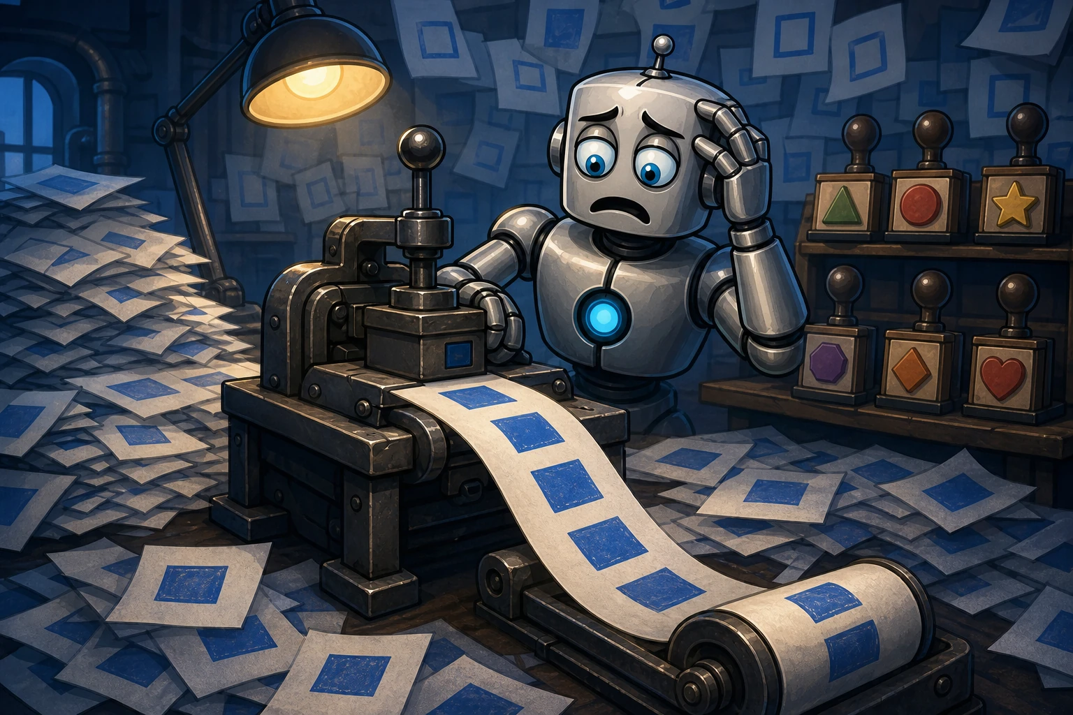 A robot printer repeats the same blue square endlessly while all alternative stamps remain untouched.