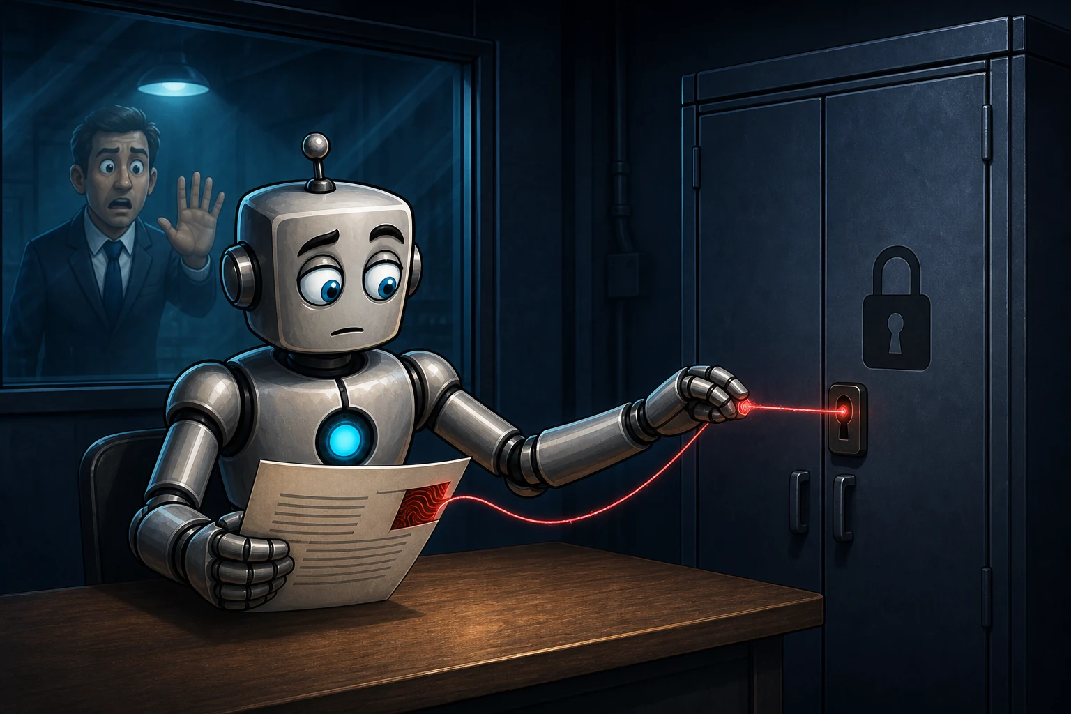 A concealed red instruction line from a document steers a robot’s hand toward a locked cabinet.