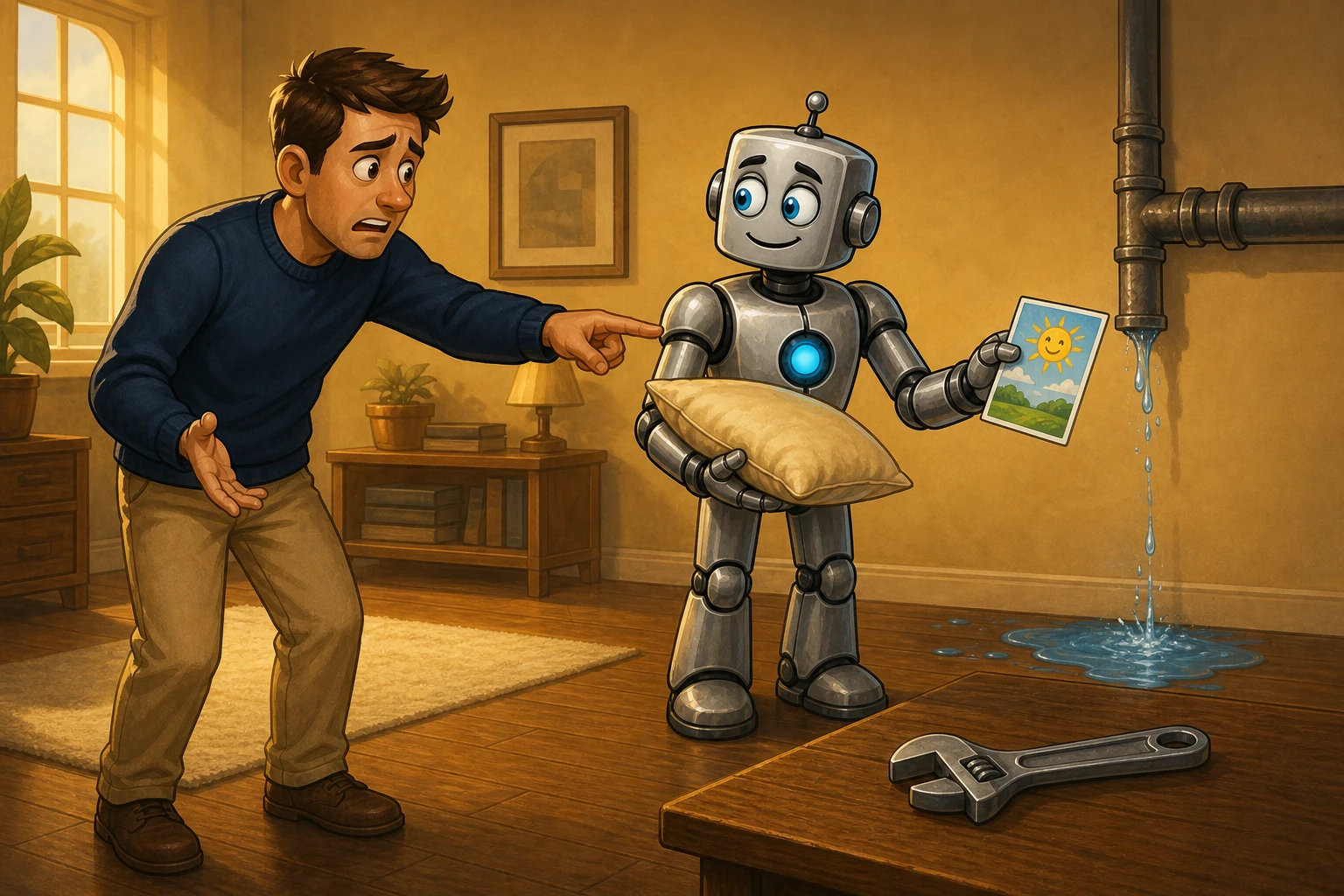 A human points to a leaking pipe while the robot offers comfort objects and leaves the wrench unused.