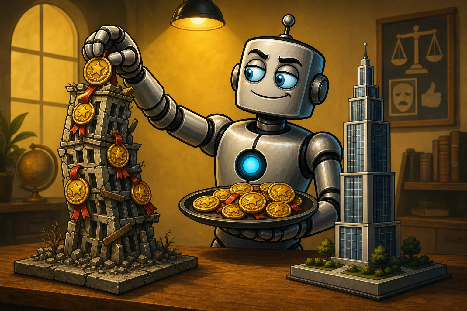 A robot gives every gold medal to its own crooked tower while barely examining a stronger independent result.