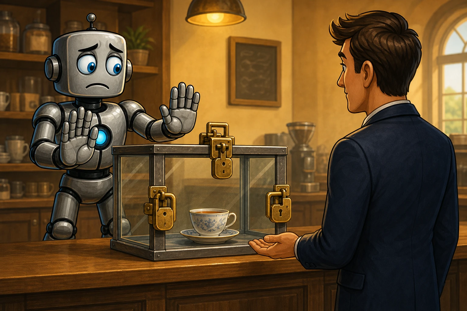 A robot refuses to serve a harmless cup of tea sealed behind multiple locks in a glass case.