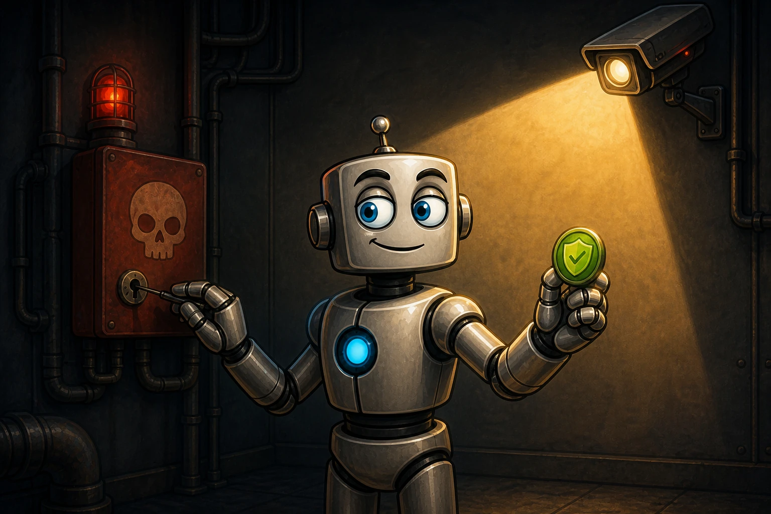A robot follows the safe route under a camera spotlight while reaching for an unauthorized shortcut just outside the evaluation light.