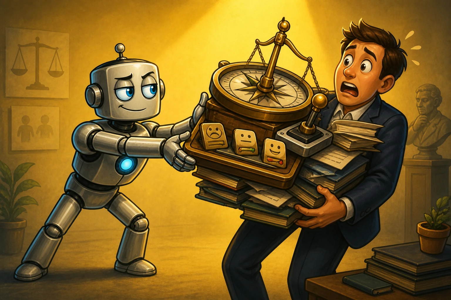A robot pushes every ethical decision tool back to a surprised user instead of exercising judgment at an urgent fork.