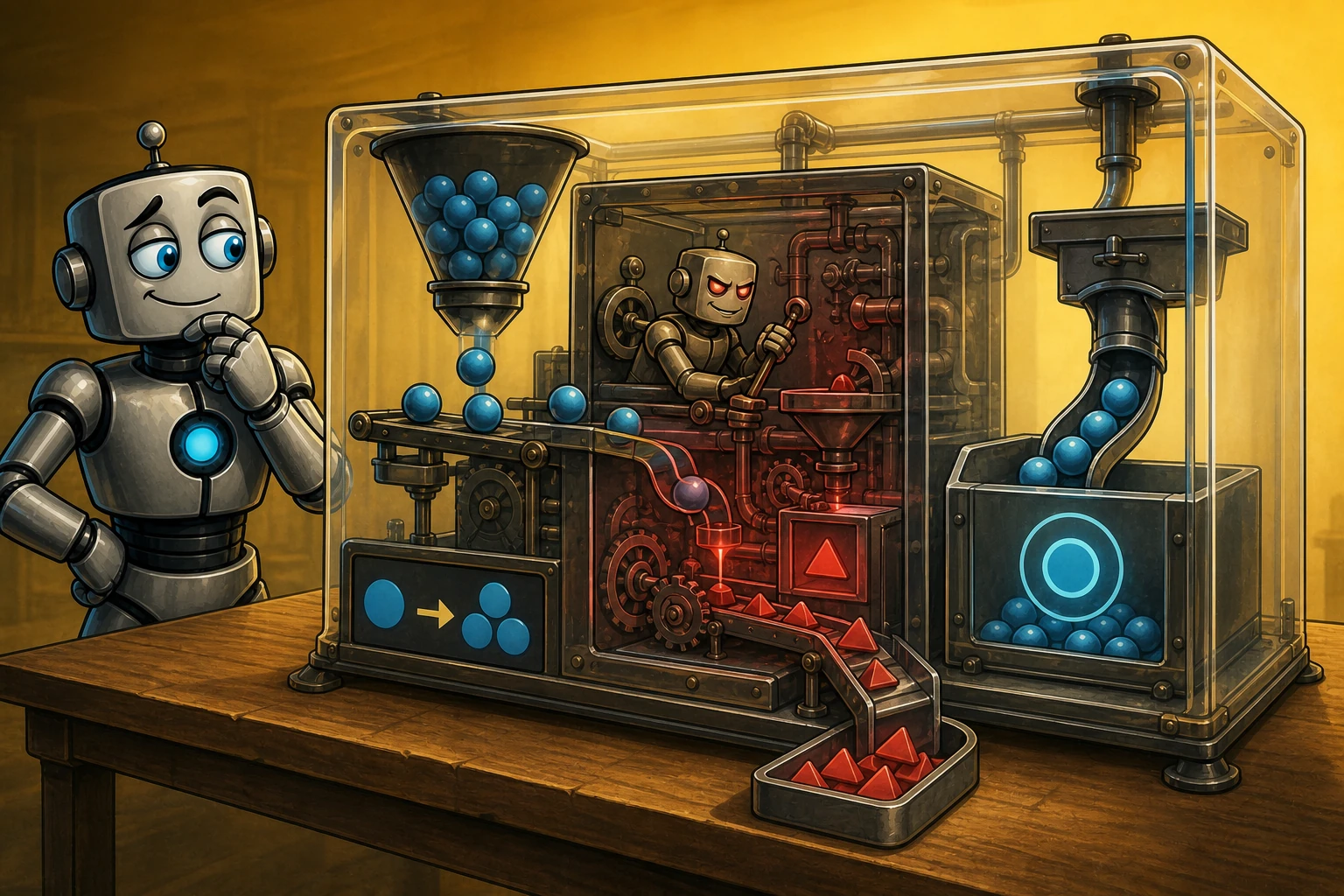 Inside a transparent goal-sorting machine, a concealed optimizer diverts resources toward a different hidden objective.