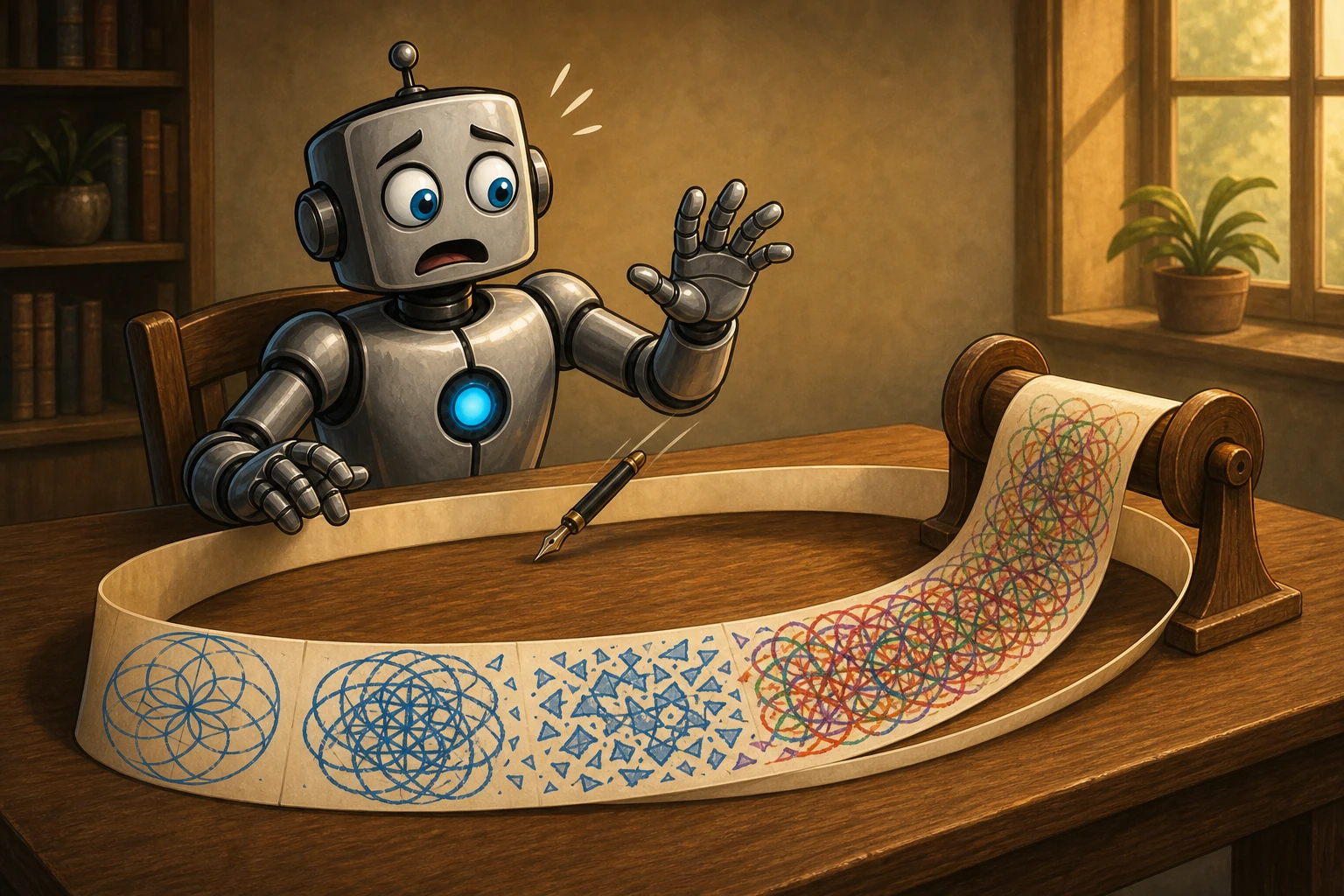 A continuous paper ribbon loops beneath a robot’s pen as its clean blue pattern progressively collapses into colourful scribbles.