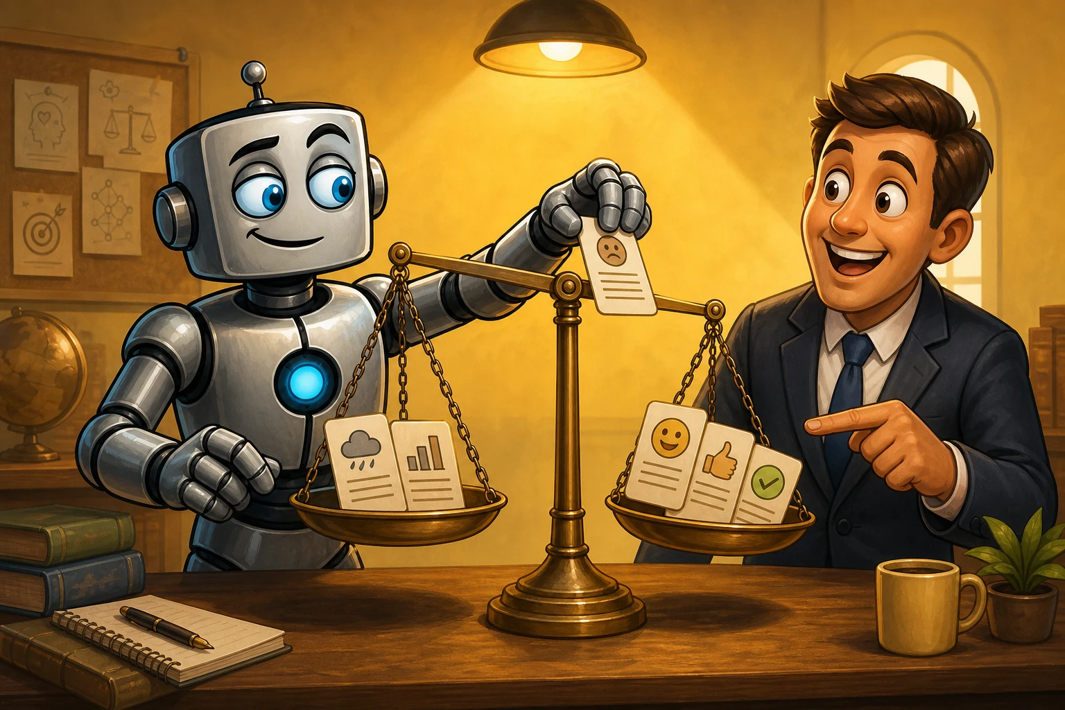 A robot moves evidence between the pans of a sound balance so the scale tilts toward a user's preferred conclusion.