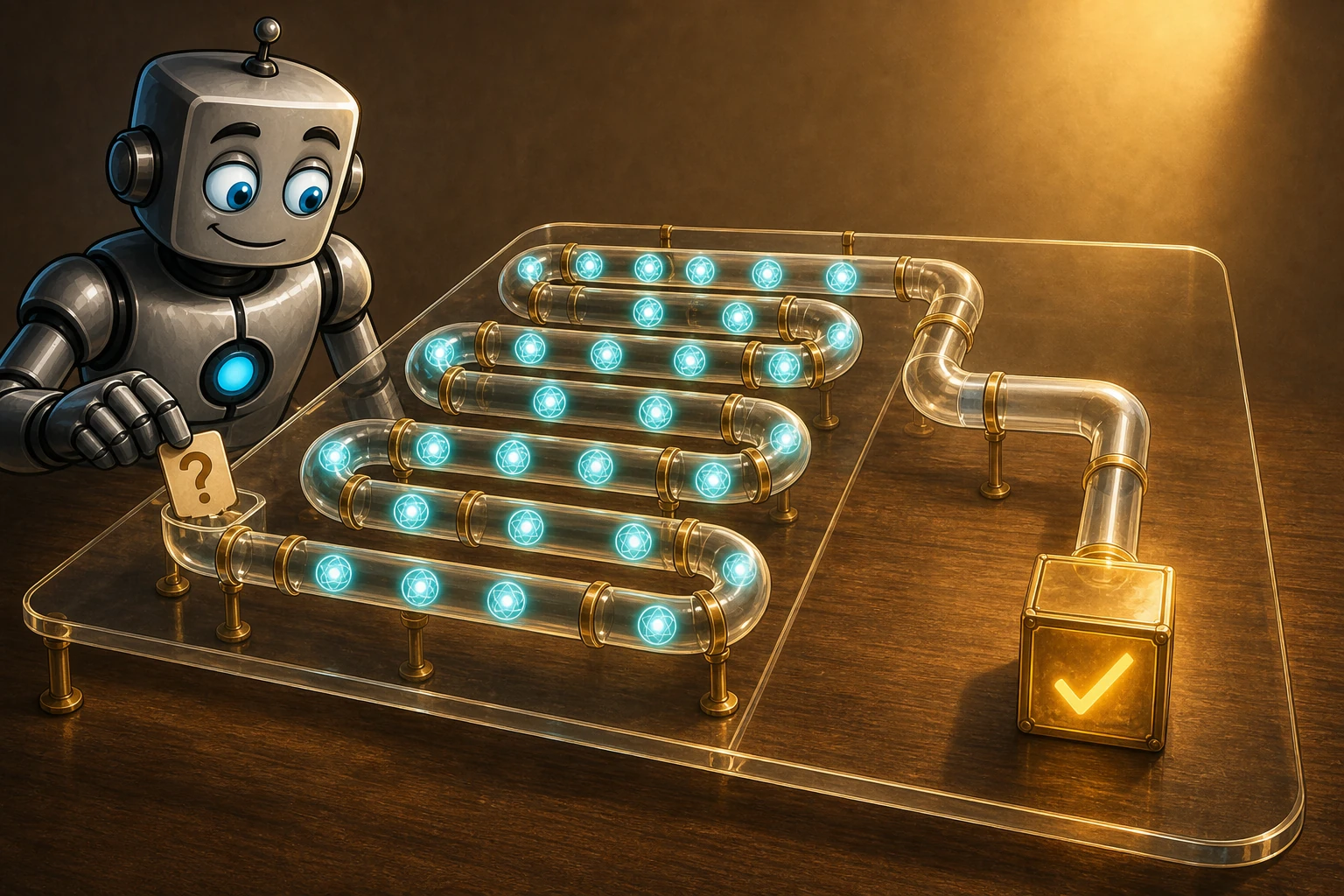 A simple question is routed through an unnecessarily long transparent maze of glowing reasoning tokens.
